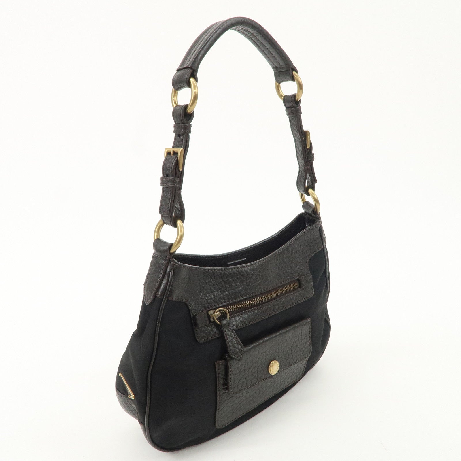 PRADA Nylon Leather Shoulder Bag Black Dark Brown BR1973