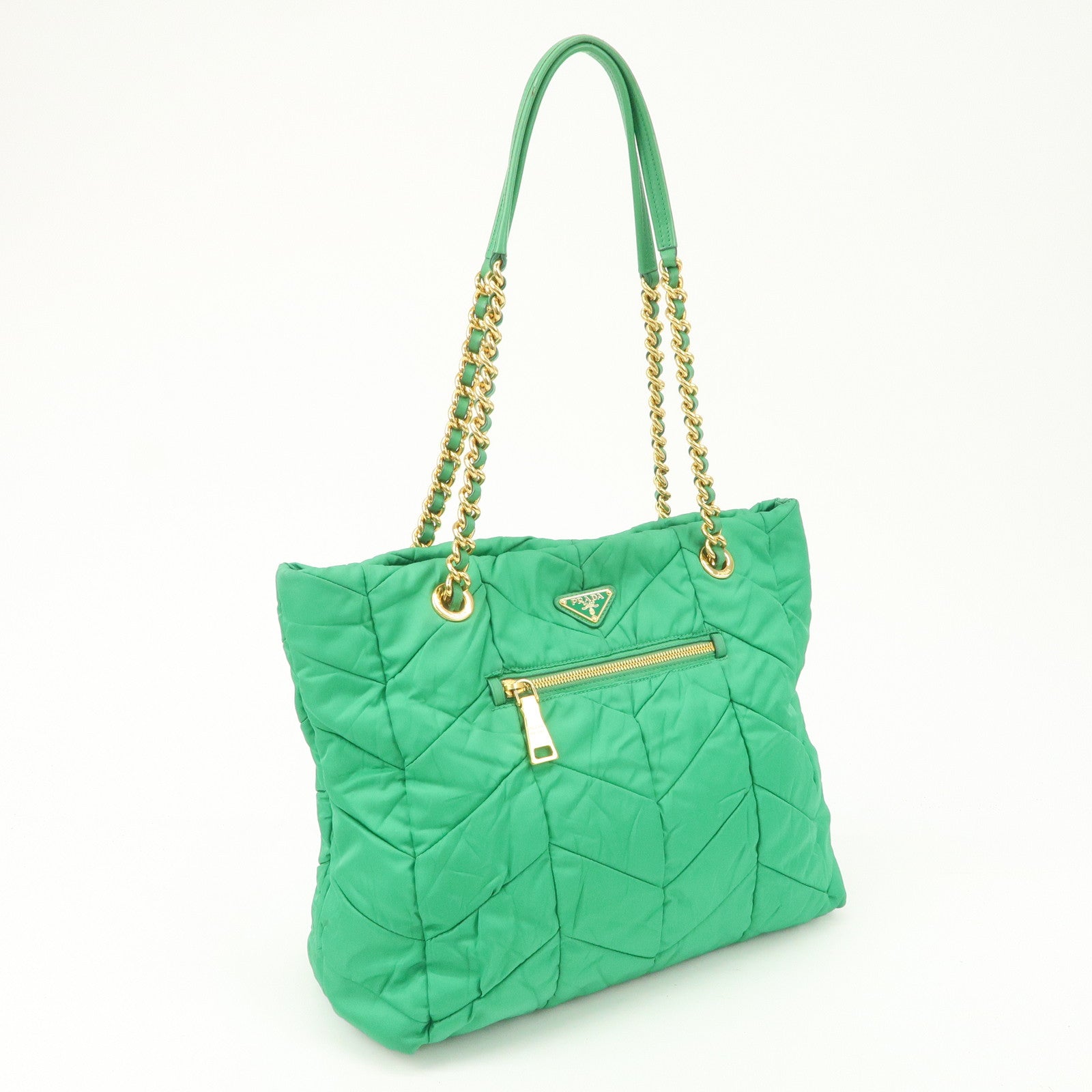 PRADA Triangle Logo Nylon Leather Chain Tote Bag Green BR4383 Used