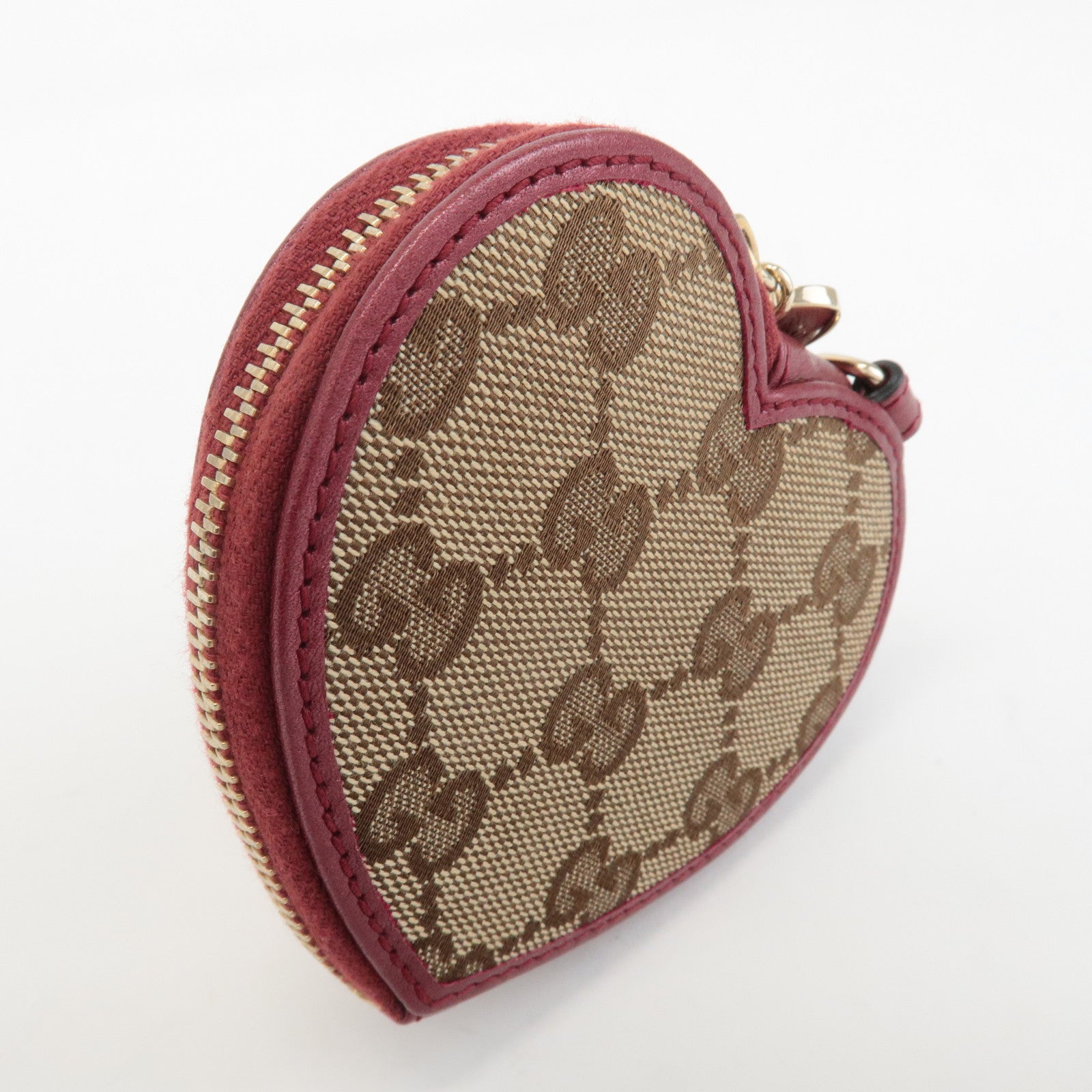 GUCCI GG Canvas Leather Heart Coin Purse Coin Case Red 152615 Used