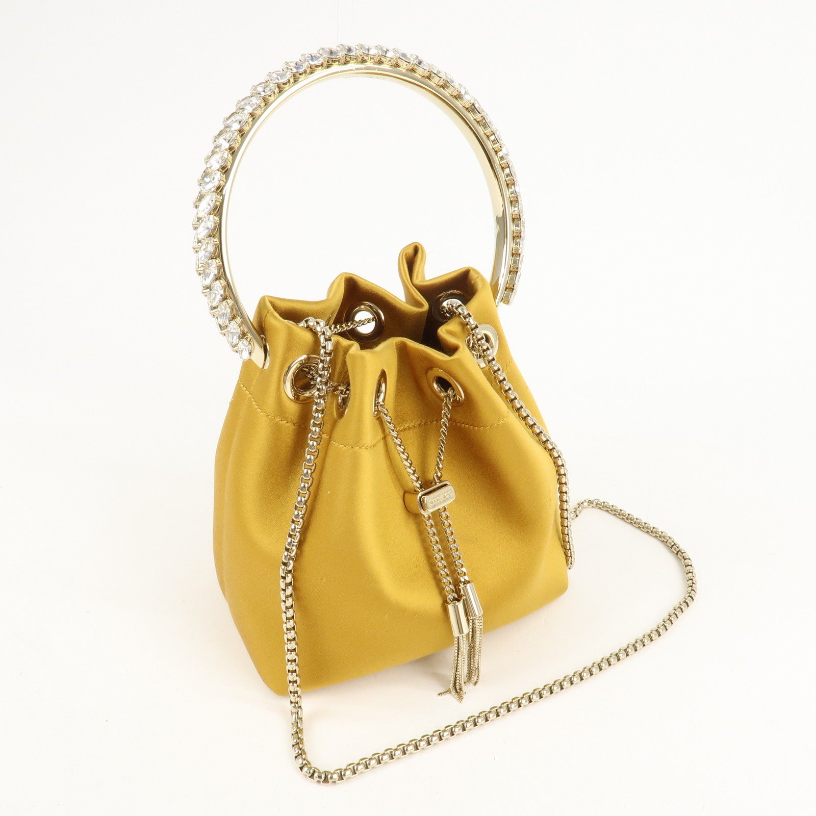 JIMMY CHOO Satin Bijou BonBon Bucket Bag Chain Shoulder Bag Used