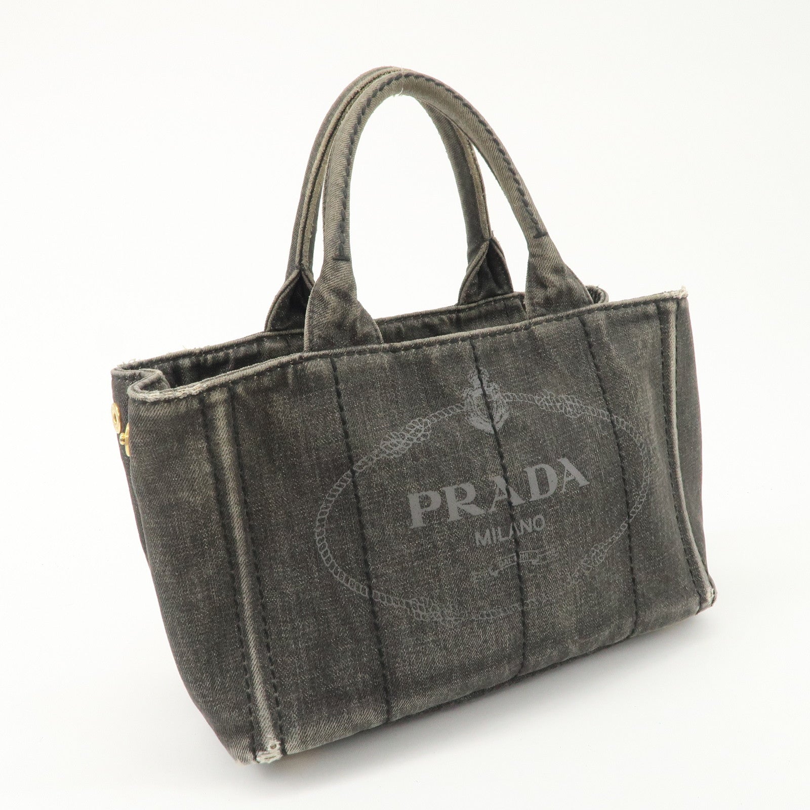 PRADA Canapa Mini Denim Hand Bag Tote Bag Black 1BG439