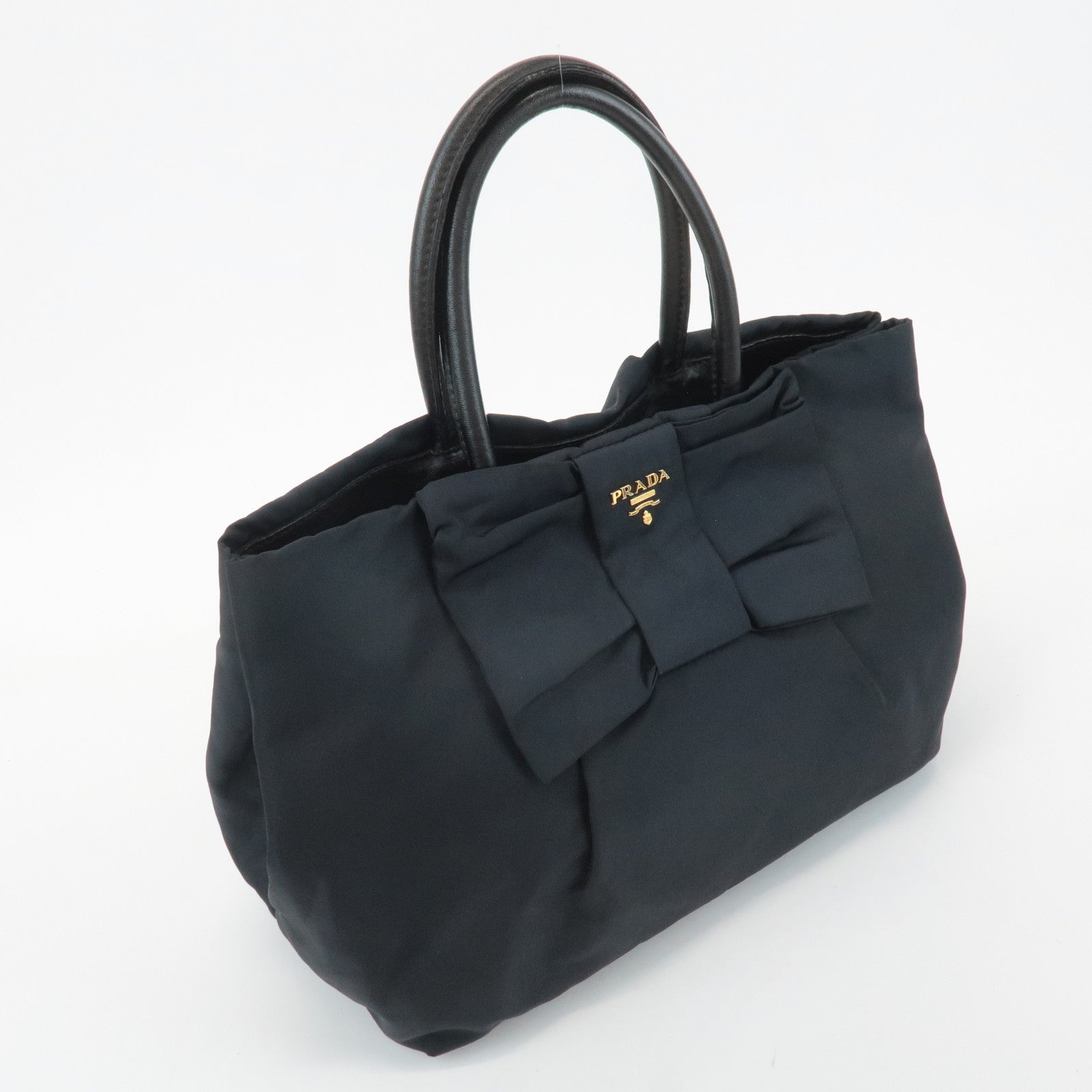 PRADA Logo Nylon Leather Ribbon Tote Bag Hand Bag Black