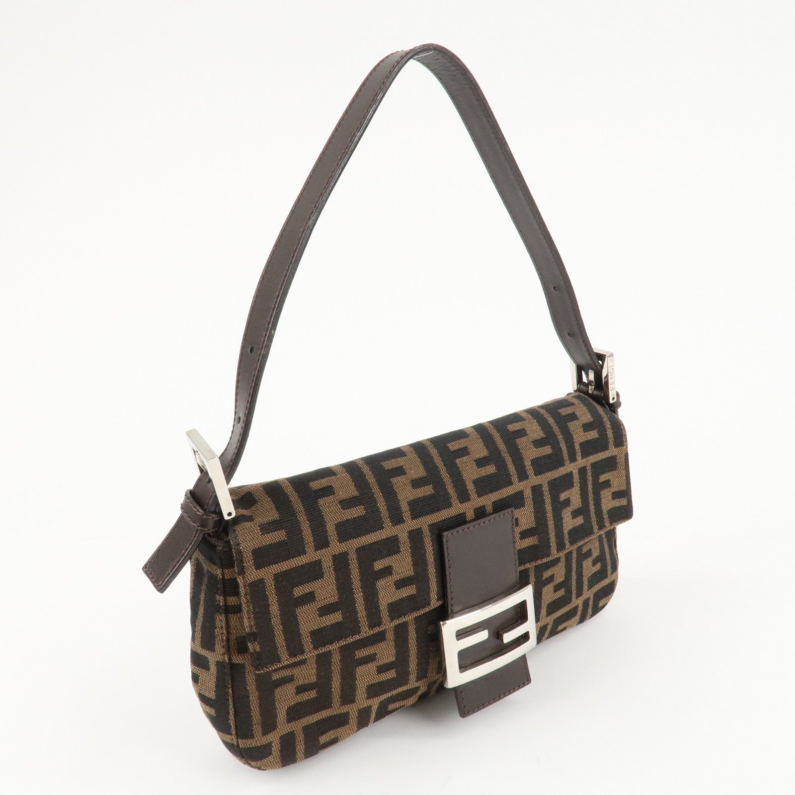 FENDI Mamma Baguette Zucca Canvas Shoulder Bag Brown Black 26424