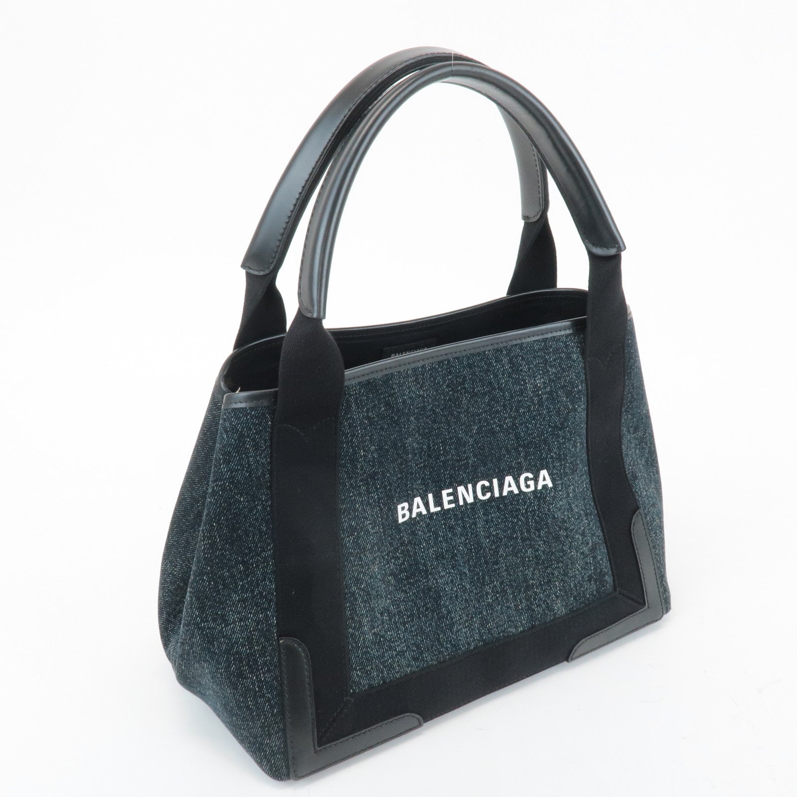 BALENCIAGA Navy Cabas S Canvas Leather Tote Hand Bag Navy 339933