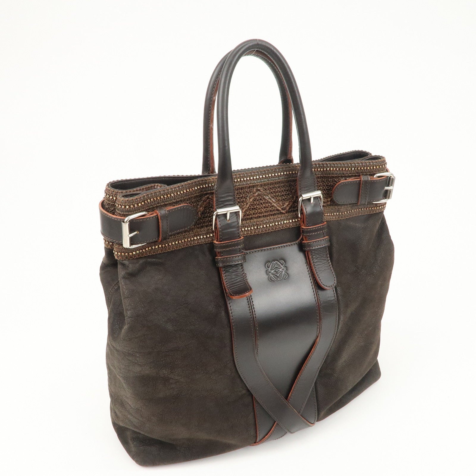 LOEWE Anaglam Leather Bijoux Tote Bag Hand Bag Brown Used