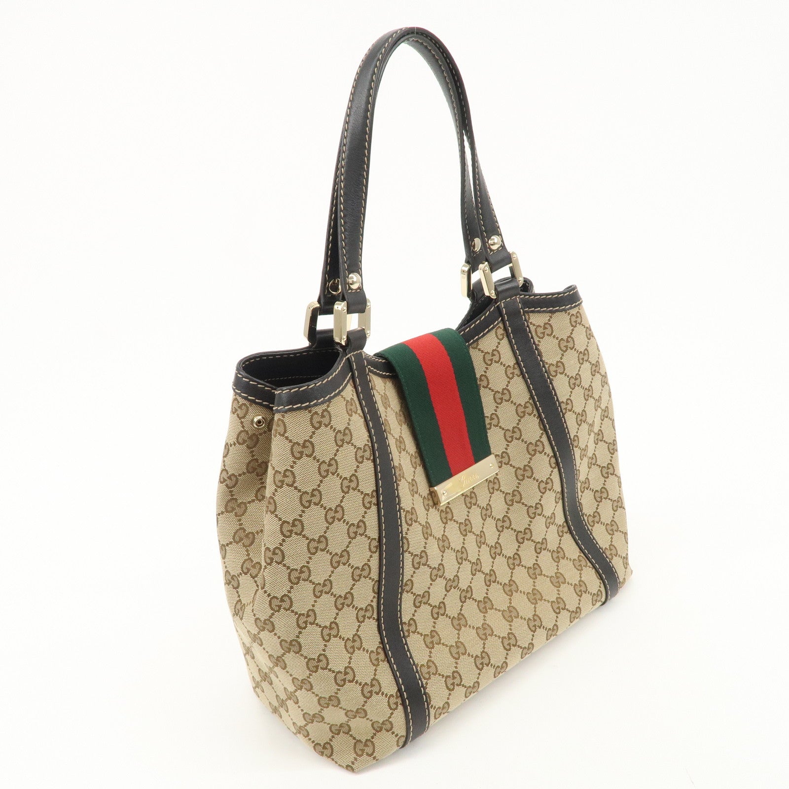 GUCCI Sherry GG Canvas Leather Tote Bag Beige Brown 233607 Used