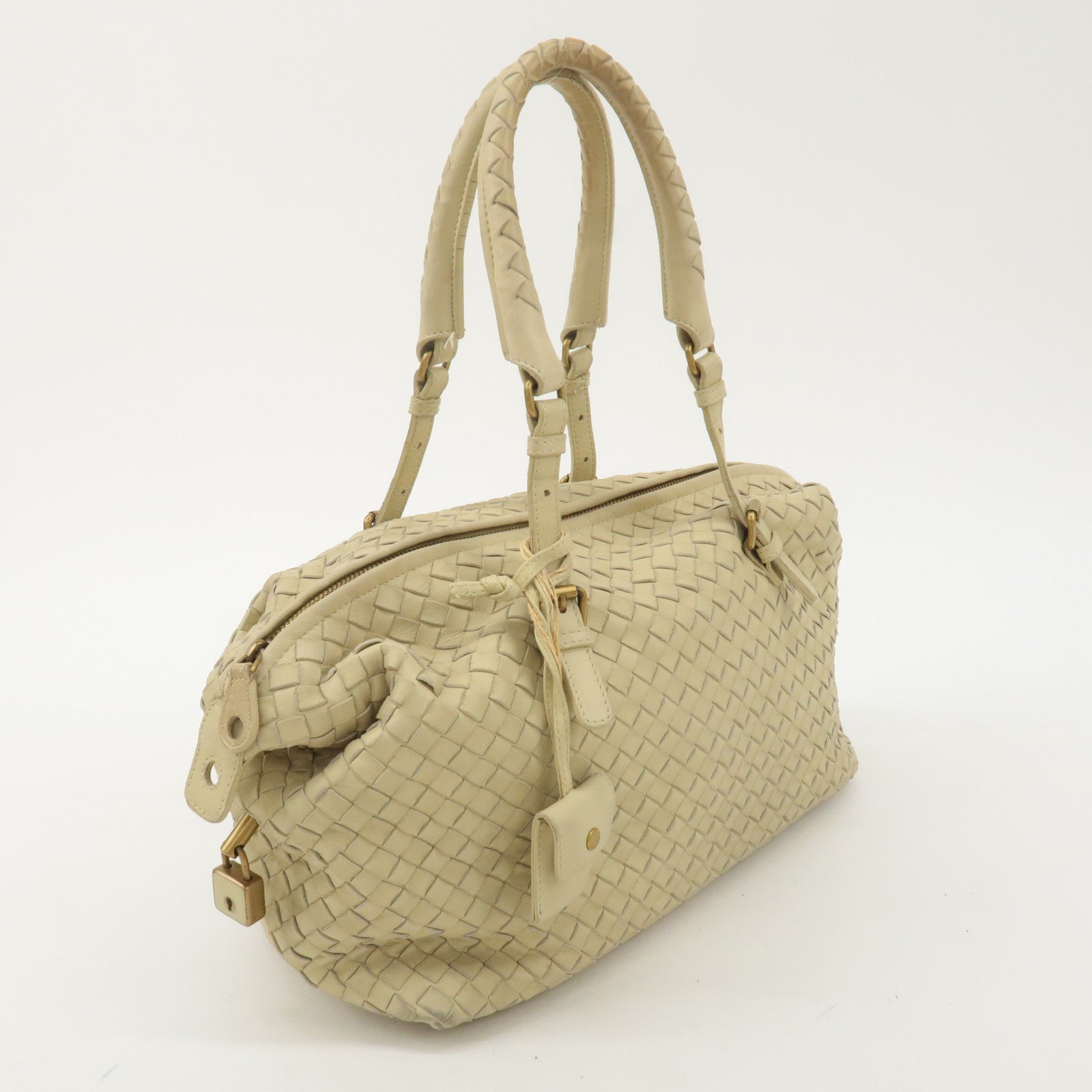 BOTTEGA VENETA Intrecciato Leather Boston Bag Beige 173398