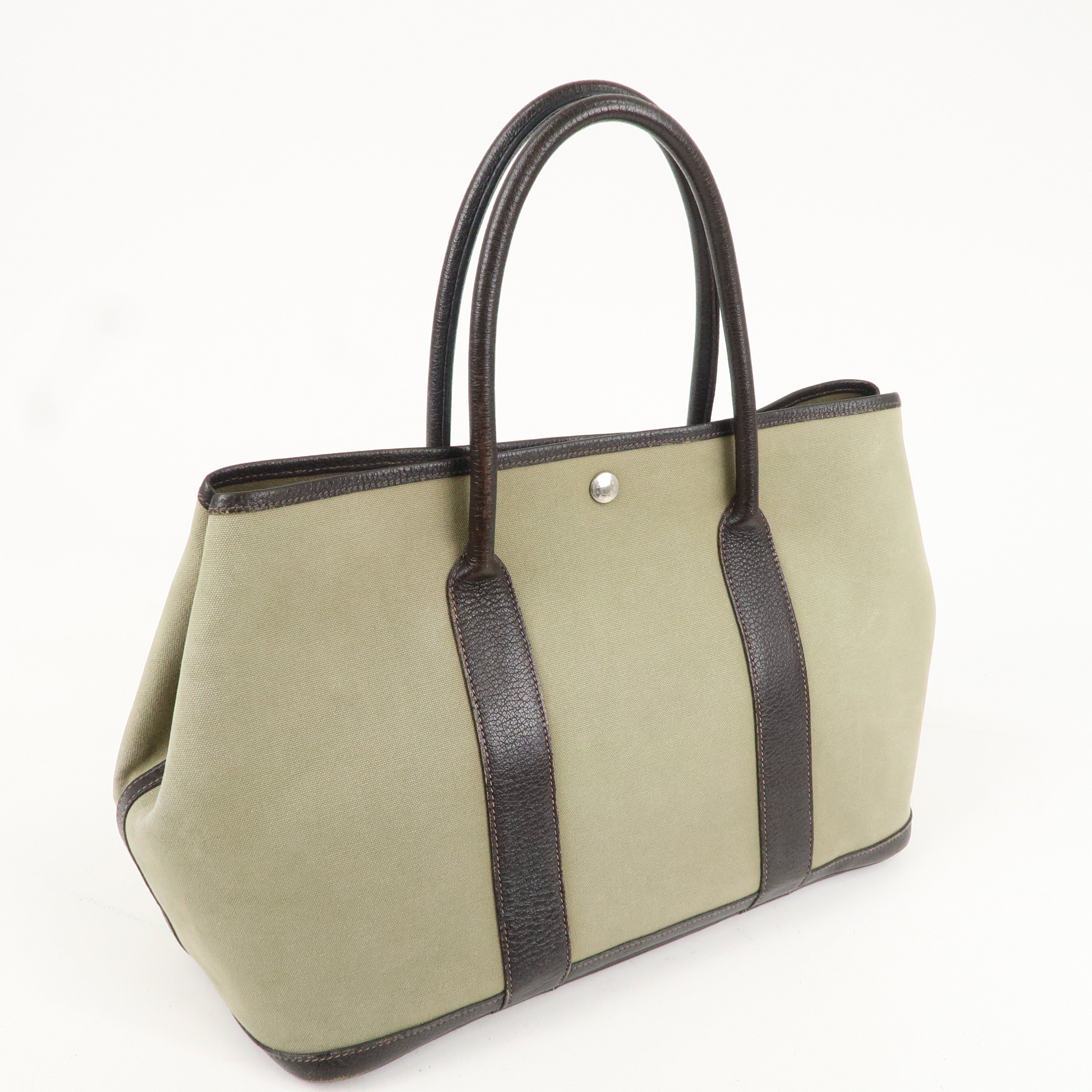 HERMES Canvas Leather Garden Party PM T Stamped Tote Bag Khaki