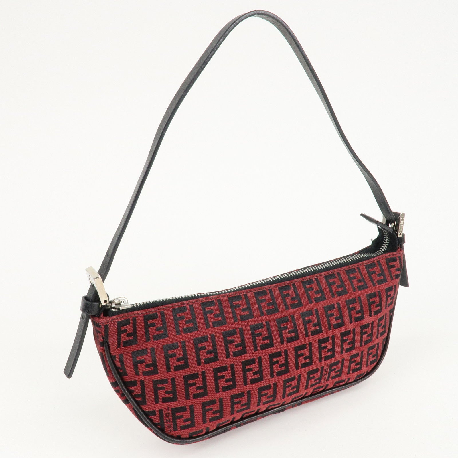 FENDI Zucchino Canvas Leather Accessory Pouch Hand Bag Black Red Used