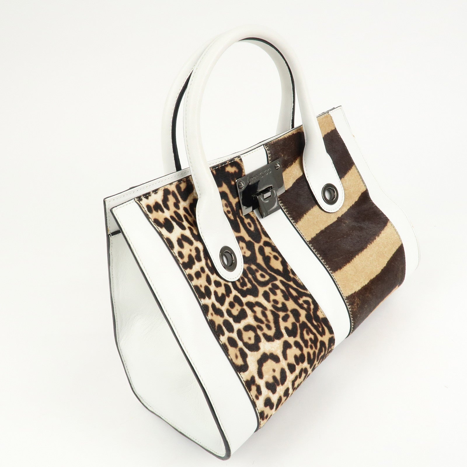 JIMMY CHOO Leather Unborn Calf Hand Bag Leopard White Brown Used