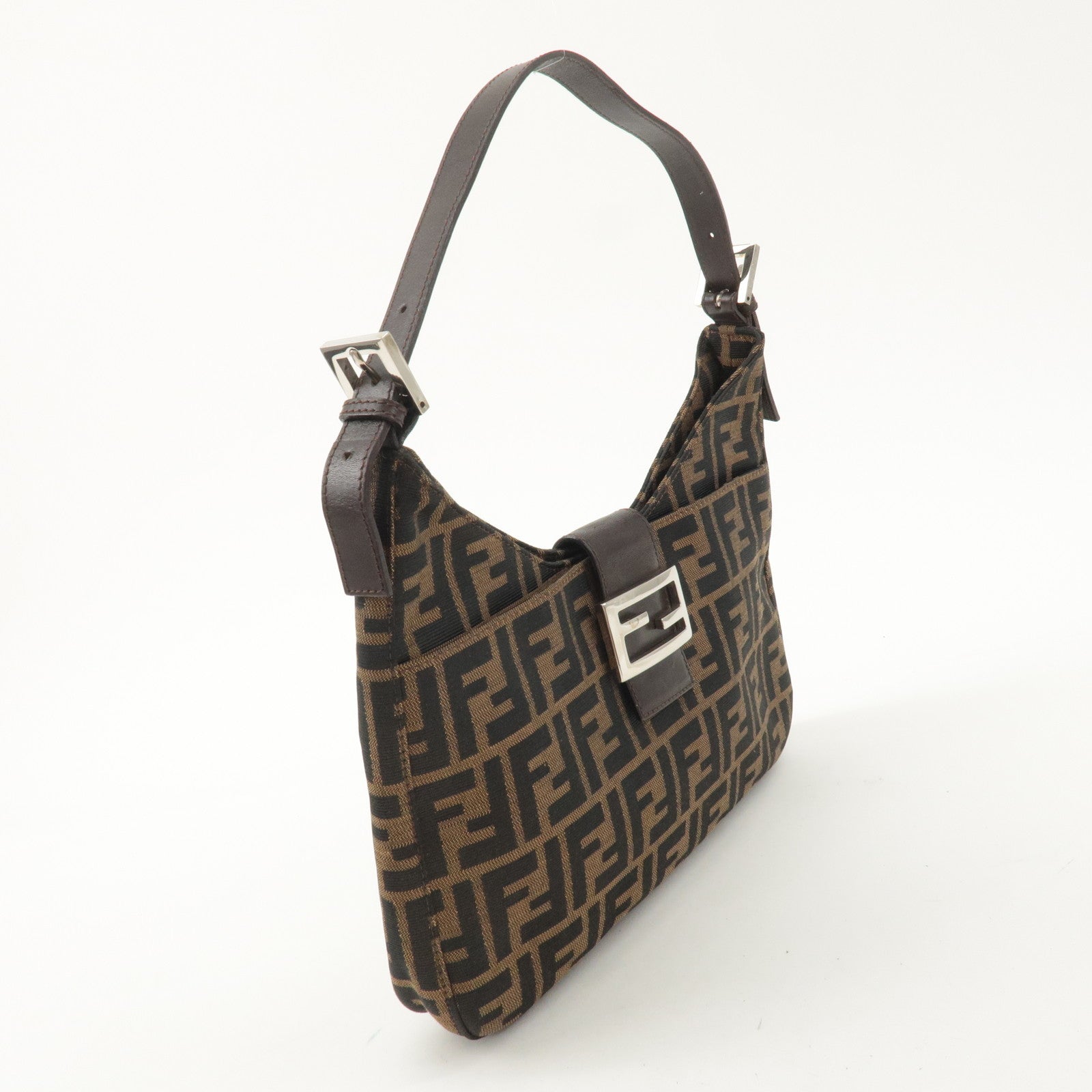 FENDI Zucca Canvas Leather Shoulder Bag Brown Black 26569