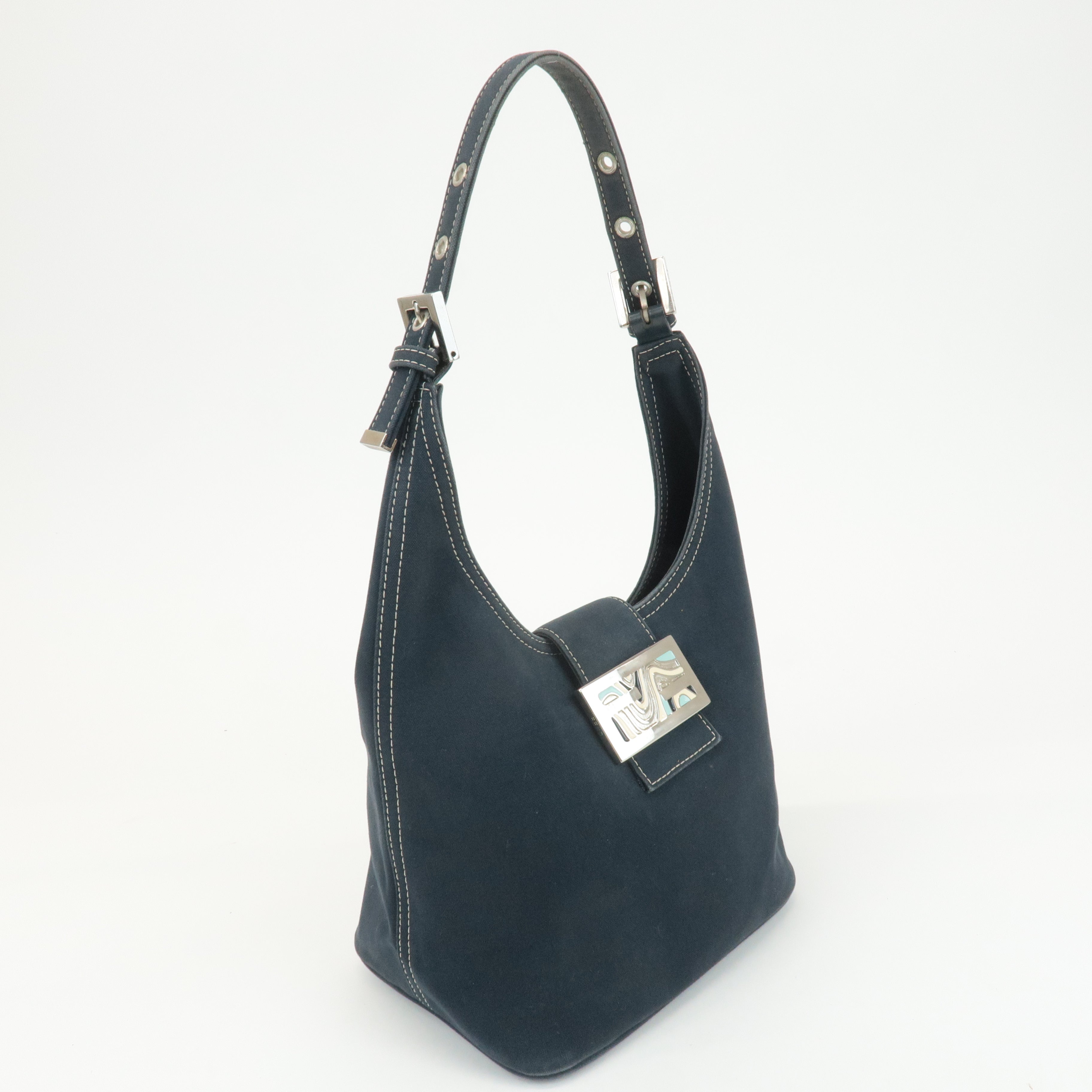 FENDI Canvas Leather One Shoulder Bag Hand Bag Navy Silver Used