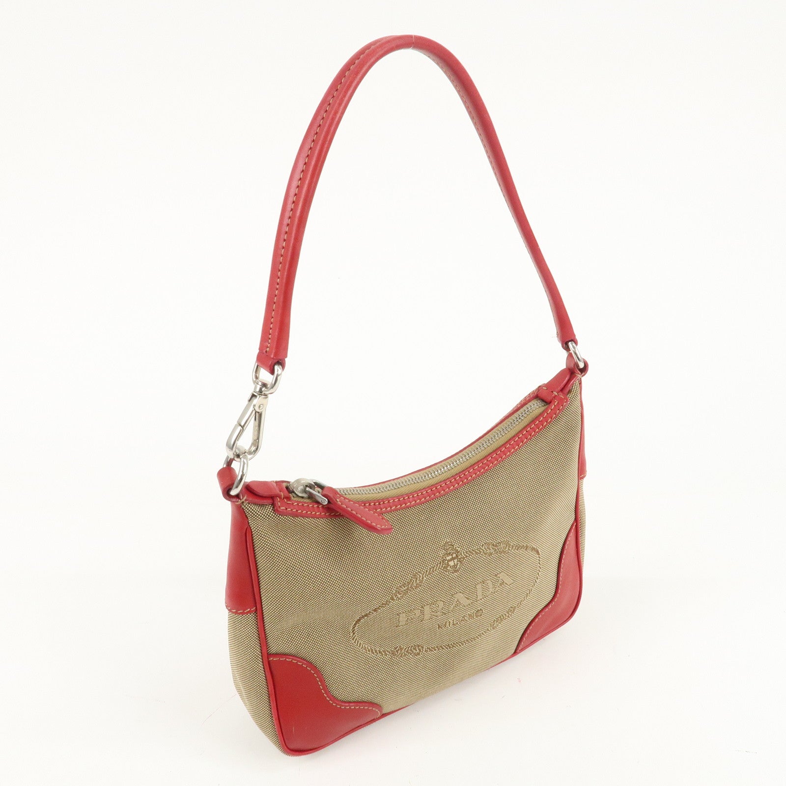 PRADA Logo Jacquard Leather Shoulder Bag Beige Red