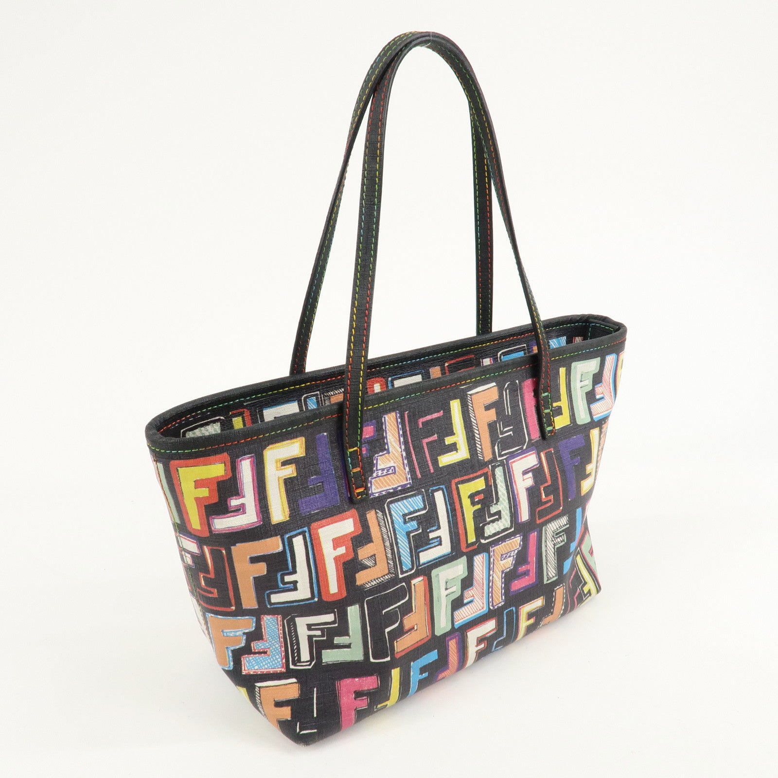 FENDI Zucca PVC Tote Bag Hand Bag Black Multi Color BBH223 Used