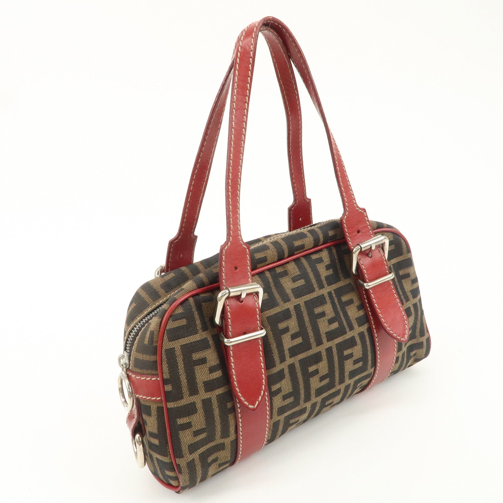 FENDI Zucca Canvas Leather Boston Bag Brown Black Red 8BR149