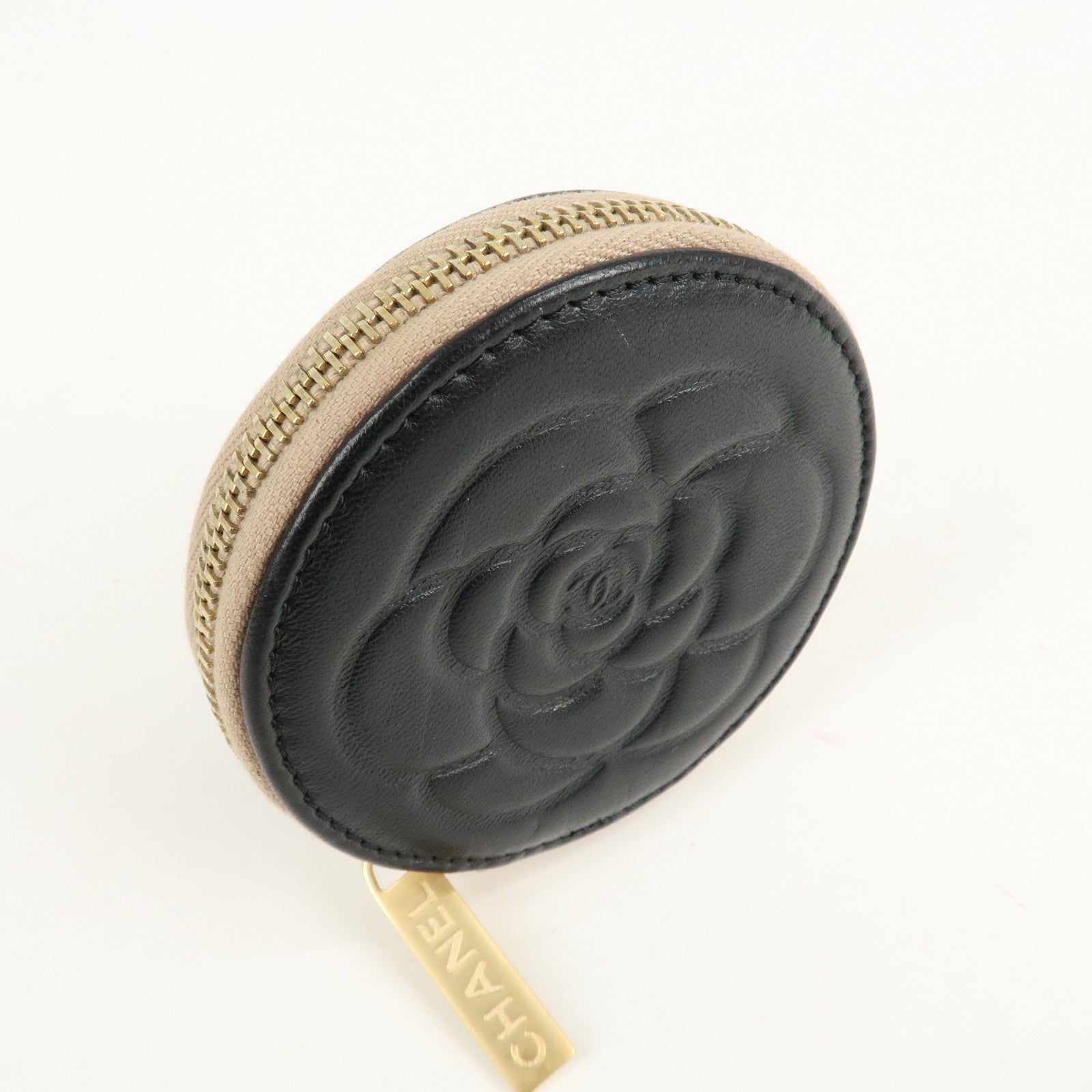 CHANEL Camelia Lamb Skin Round Zippy Coin Case Black Beige Used