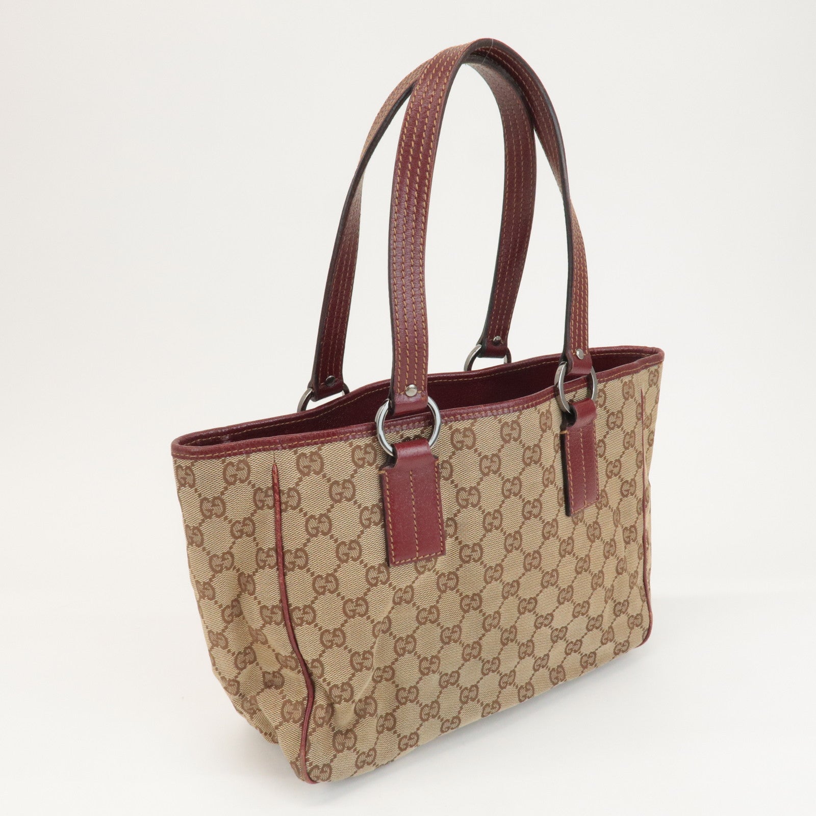 GUCCI GG Canvas Leather Tote Bag Hand Bag Beige Bordeaux 113019 Used