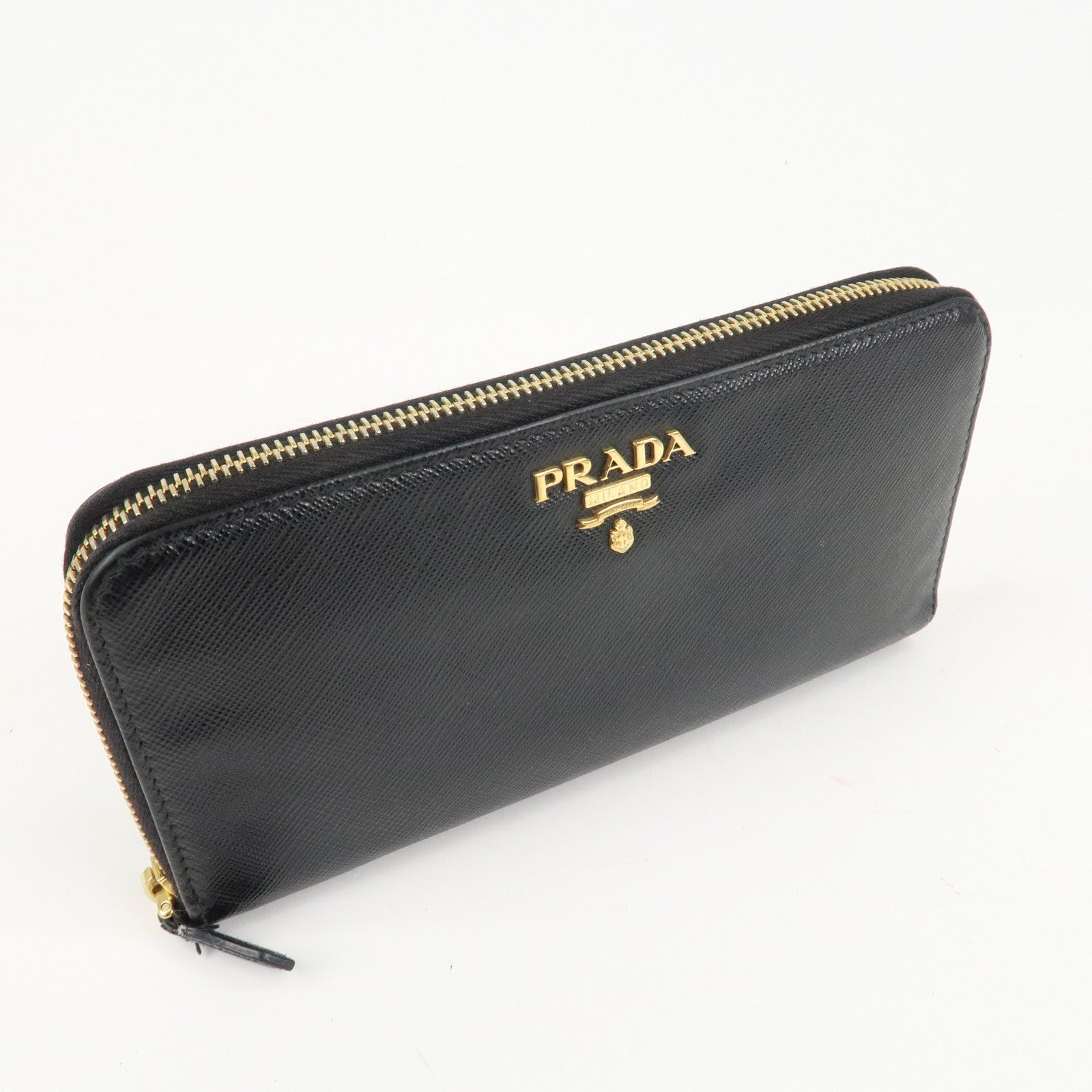 PRADA Saffiano Leather Round Zipper Long Wallet Black 1M0506 Used