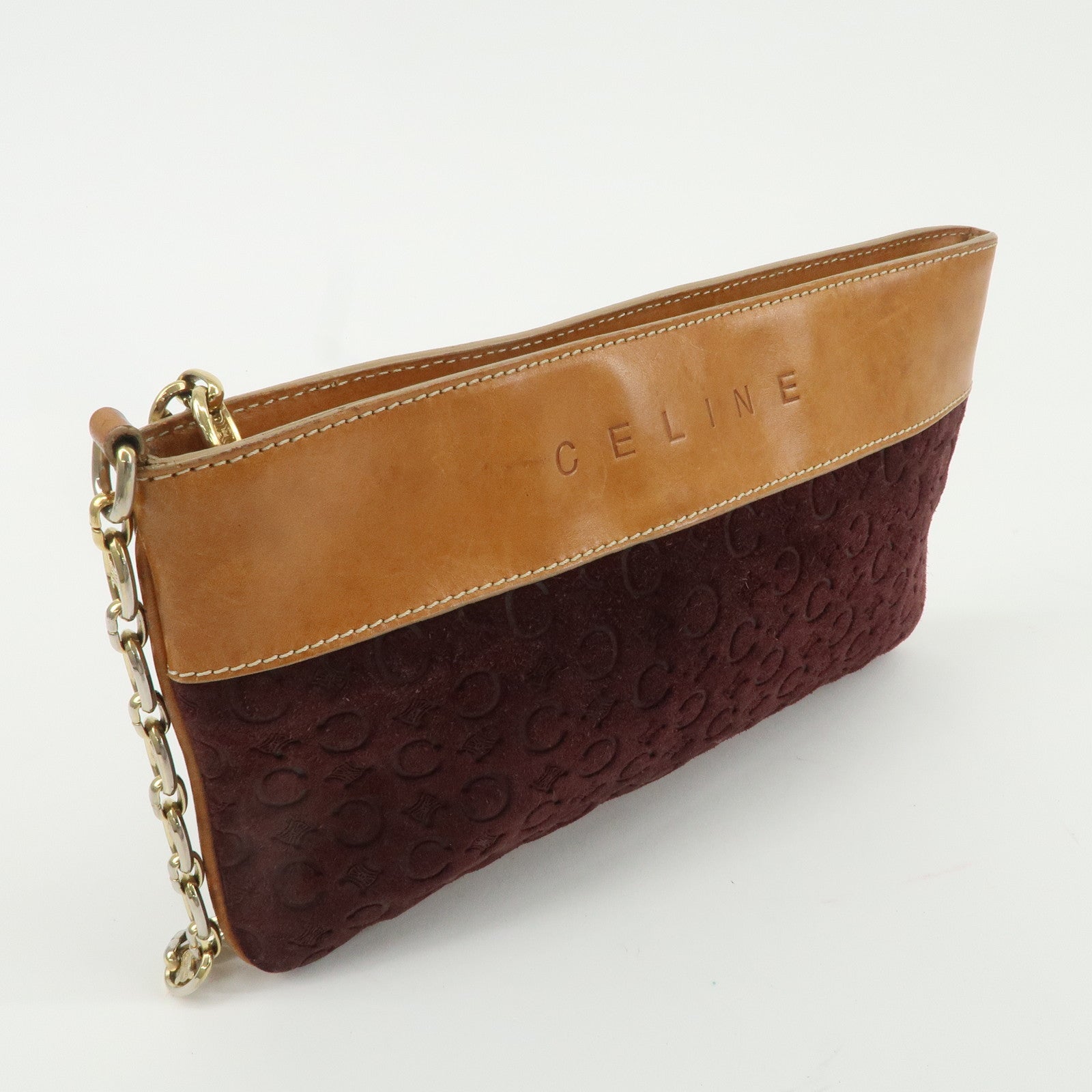 CELINE C Macadam Suede Leather Chain Clutch Bag Hand Bag Brown Used