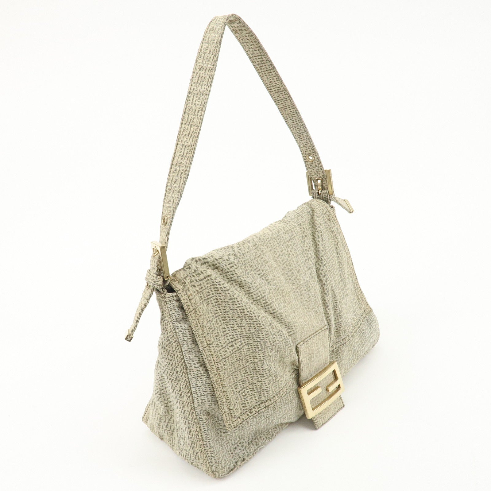 FENDI Mamma Baguette Micro FF Canvas Shoulder Bag Gray 8BR001 Used