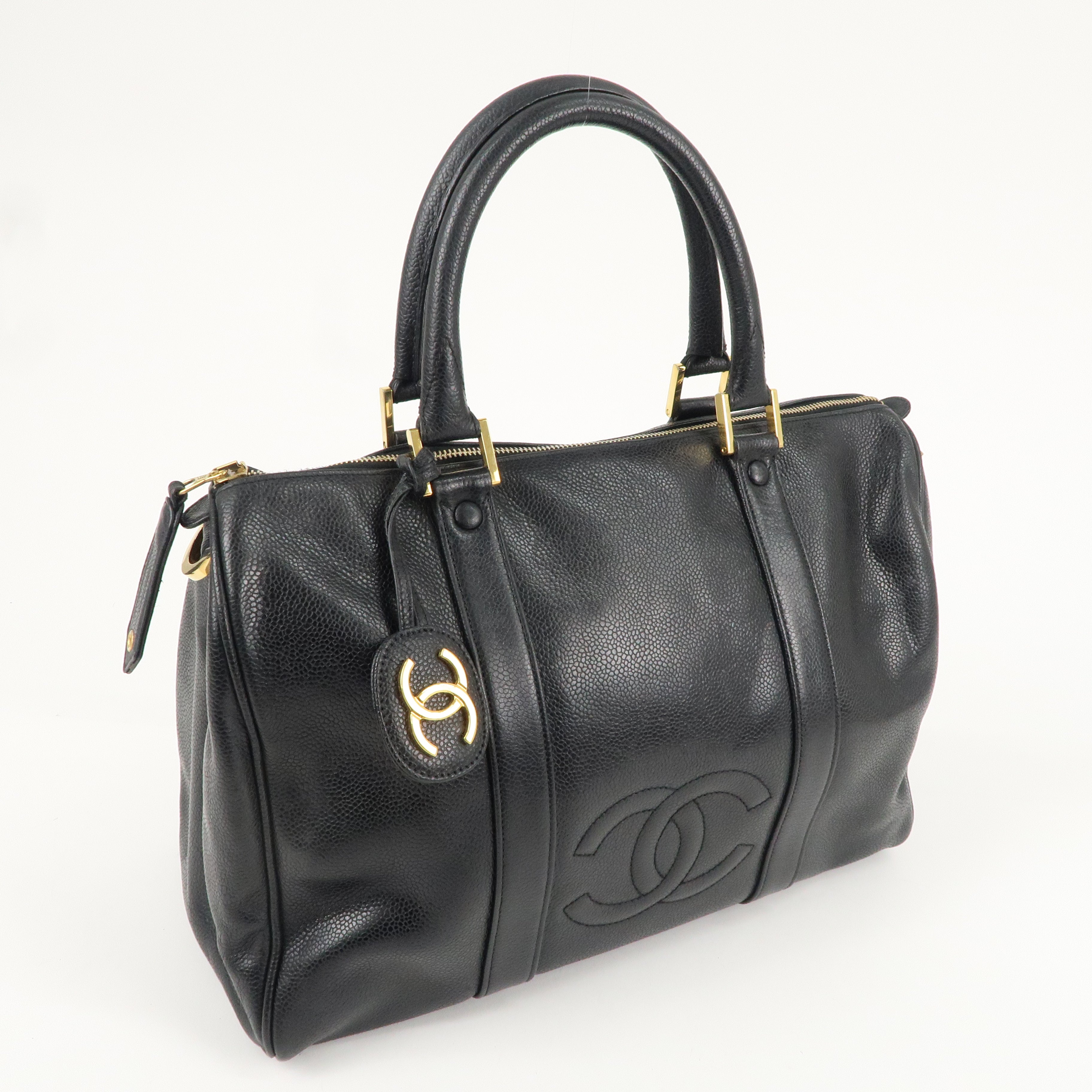 CHANEL Caviar Skin COCO Mark Boston bag Hand Bag Black Gold HDW