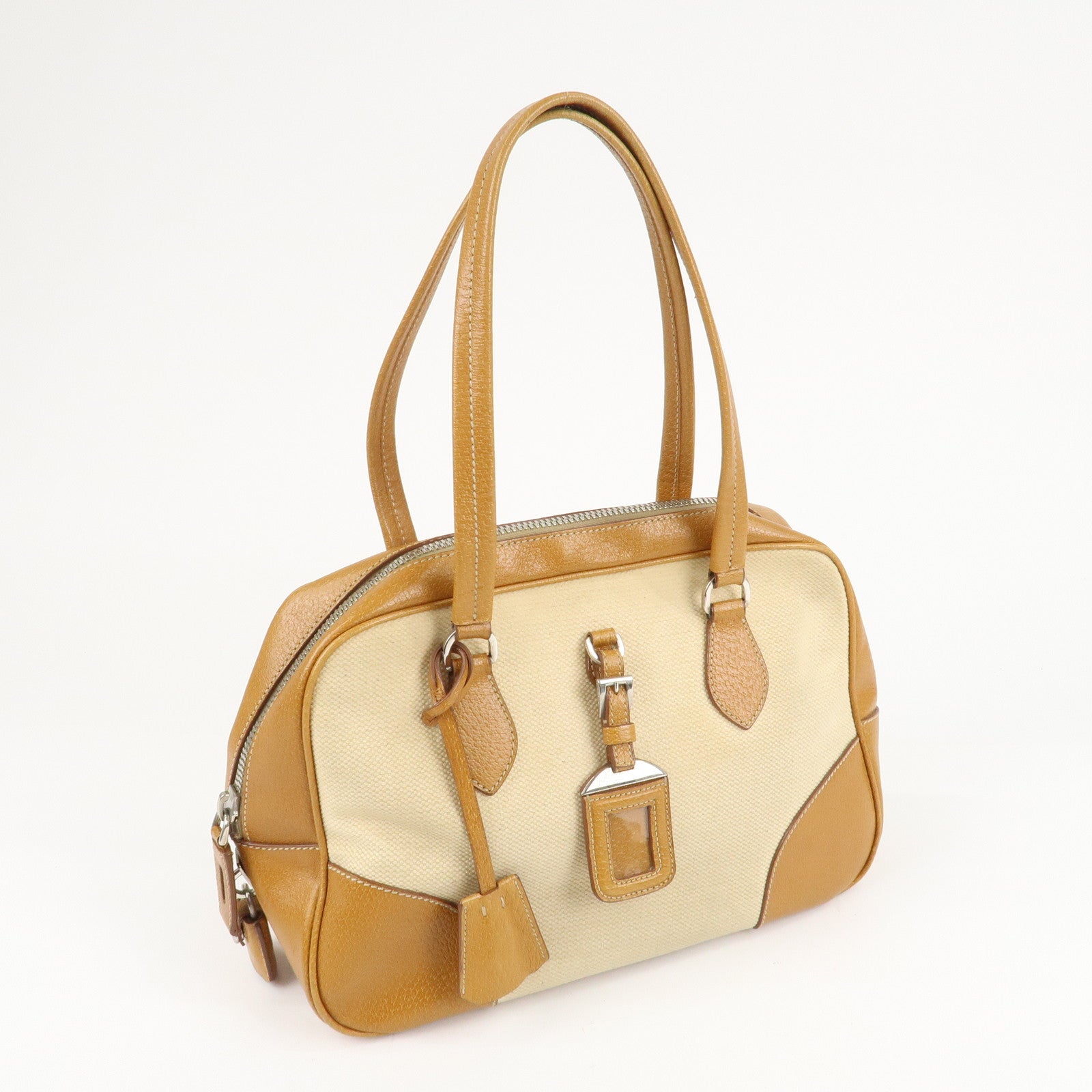 PRADA Canvas Leather Triangle Logo Boston Bag Ivory Brown