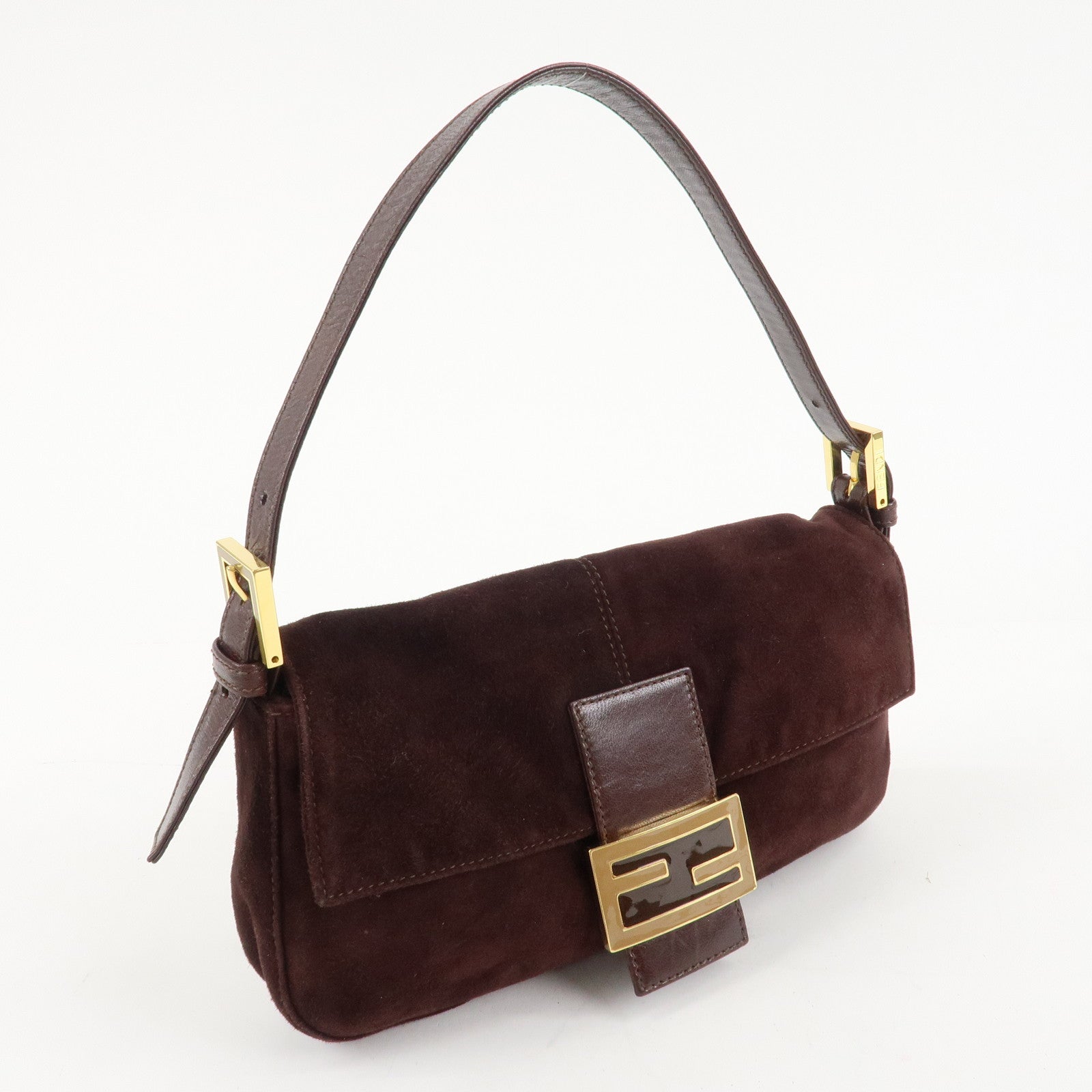 FENDI Suede Leather Shoulder Bag Dark Brown 26424