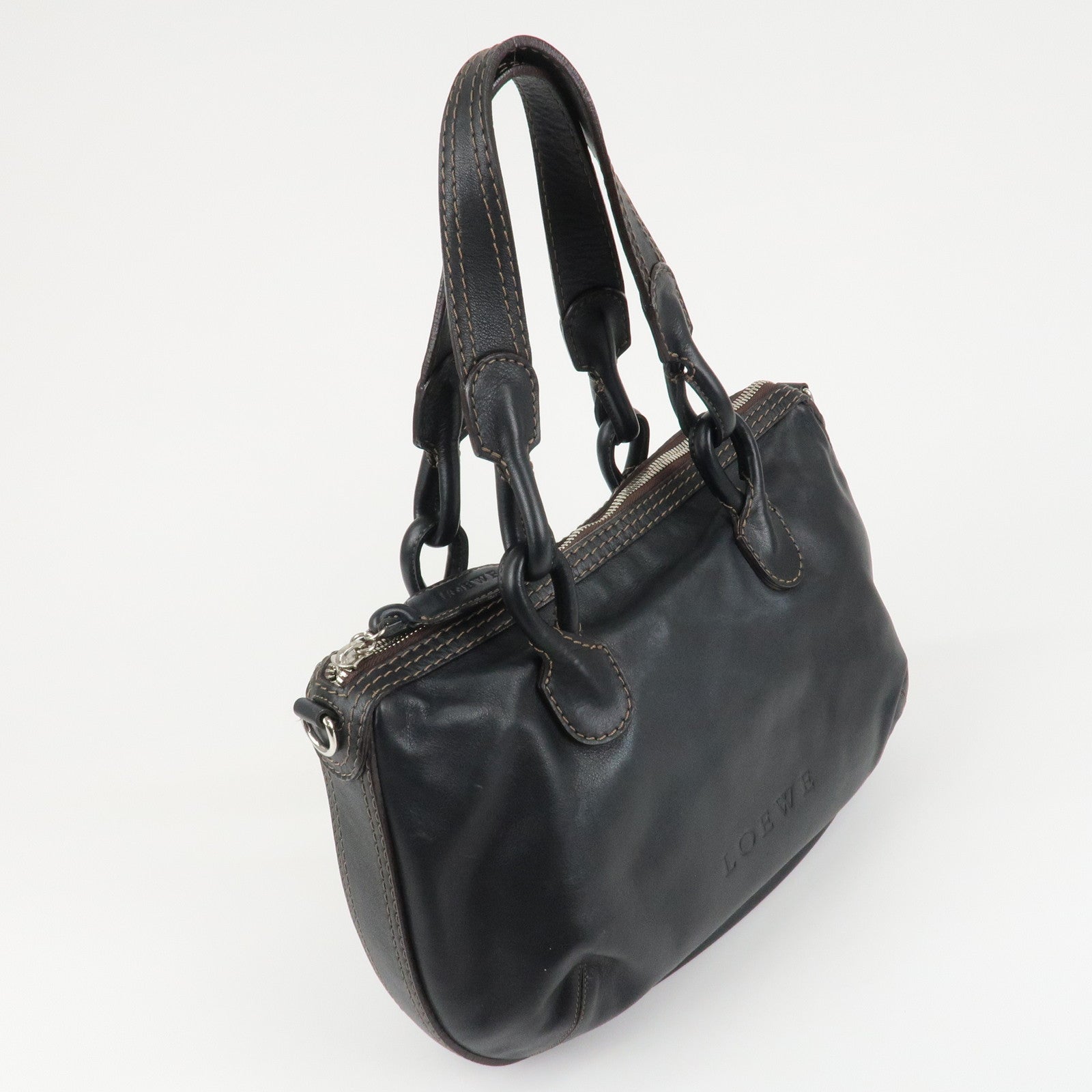 LOEWE Sangria Leather 2Way Tote Bag Black Silver Hardware