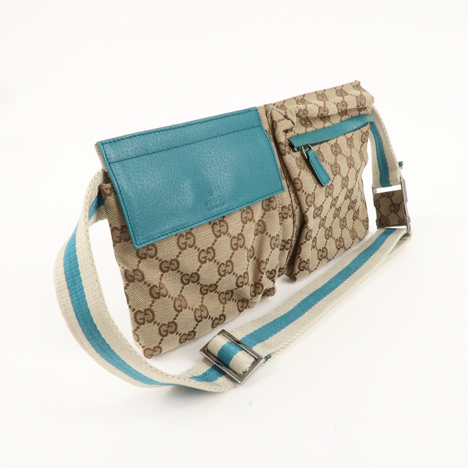 GUCCI GG Canvas Leather Waist Bag Crossbody Bag Turquoise 28566