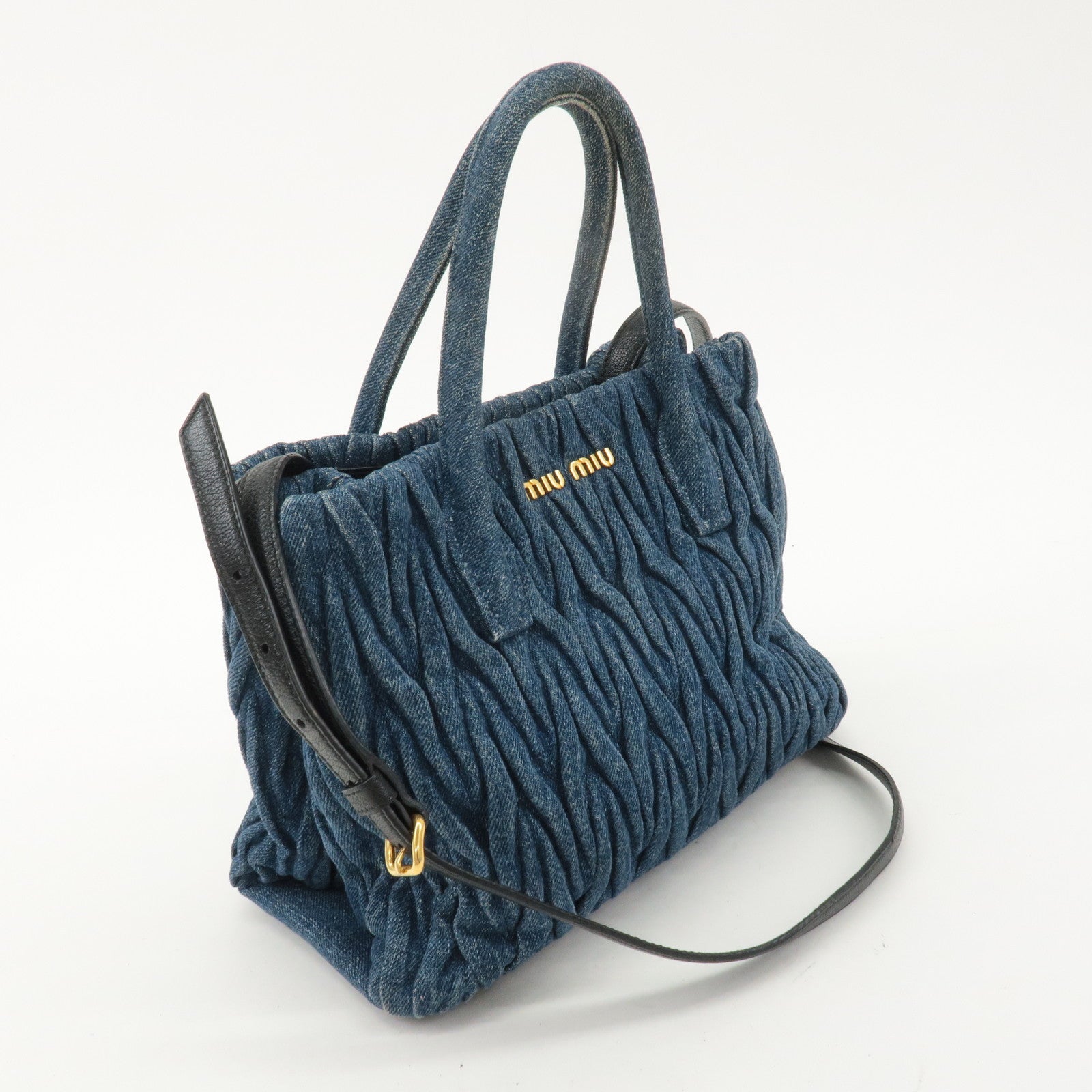 MIU MIU Matelasse Denim Leather 2Way Shoulder Hand Bag Blue