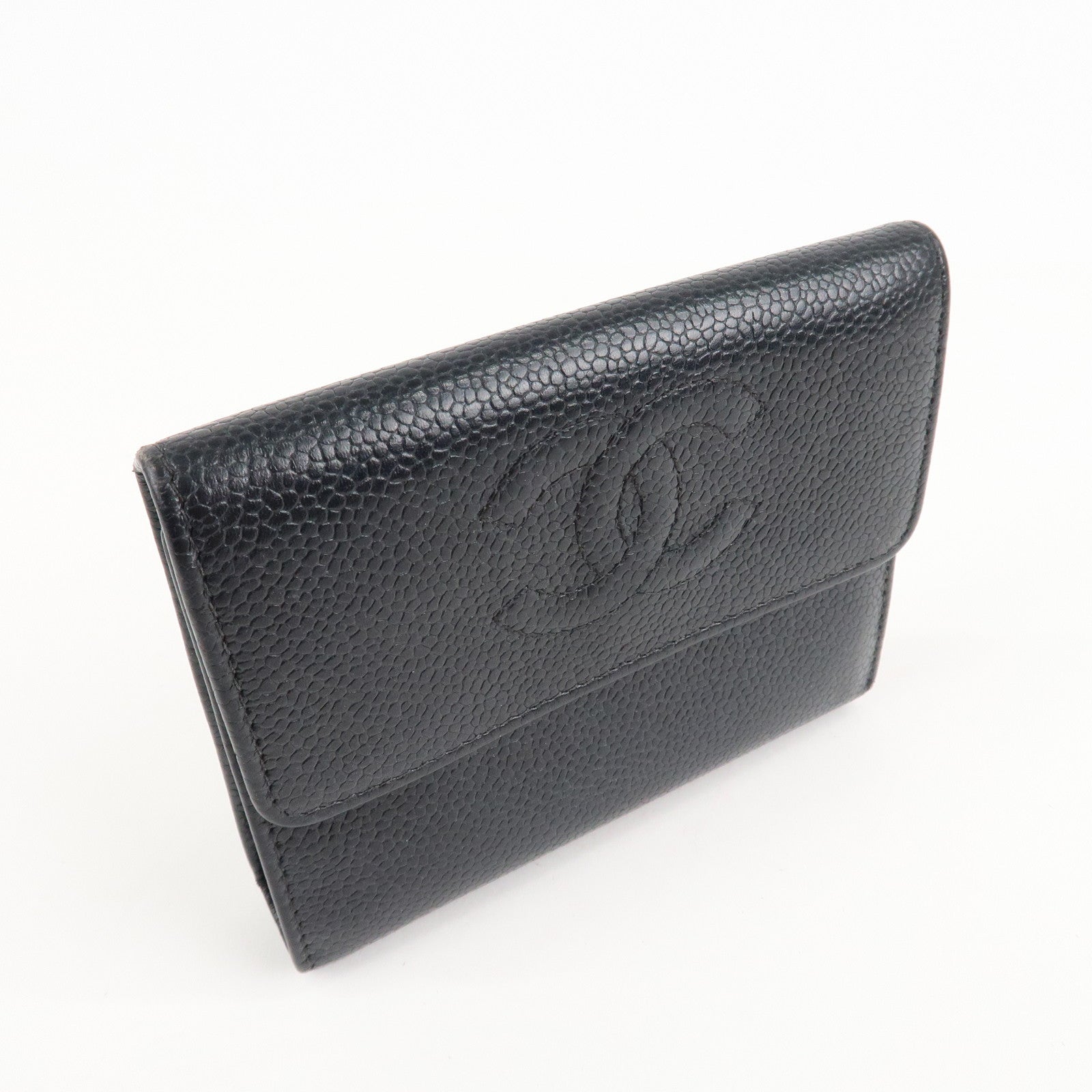 CHANEL COCO Mark Caviar Skin Bi-hold Wallet Black Used