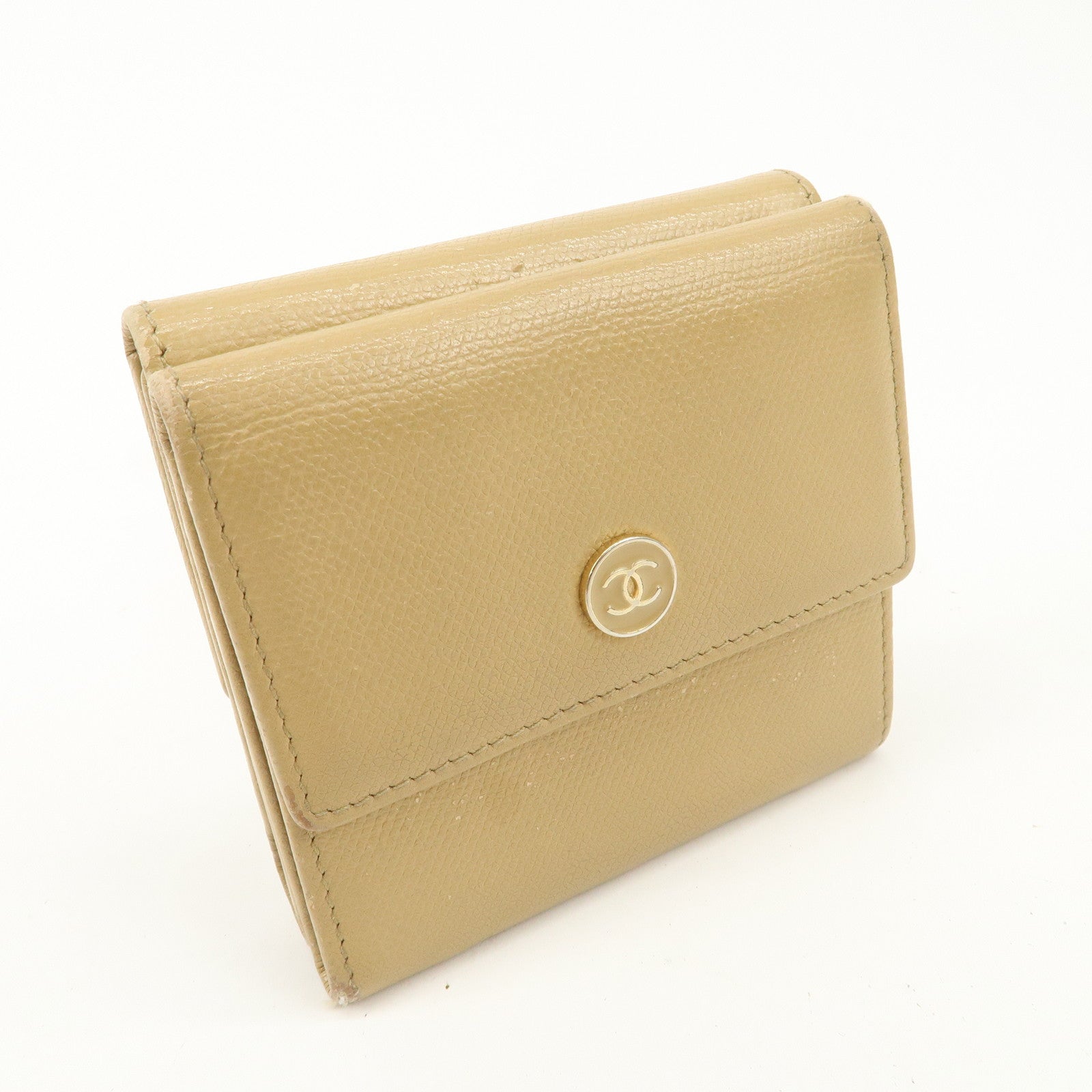 CHANEL Leather COCO Botton W Hook Wallet Beige