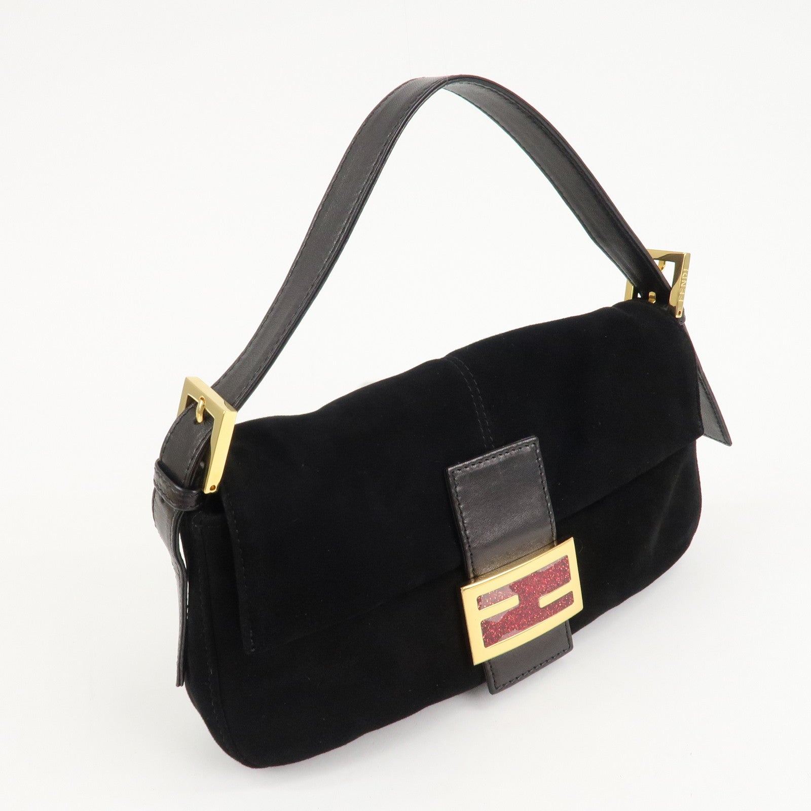 FENDI Mamma Baguette Suede Leather Shoulder Bag Black 26424 Used