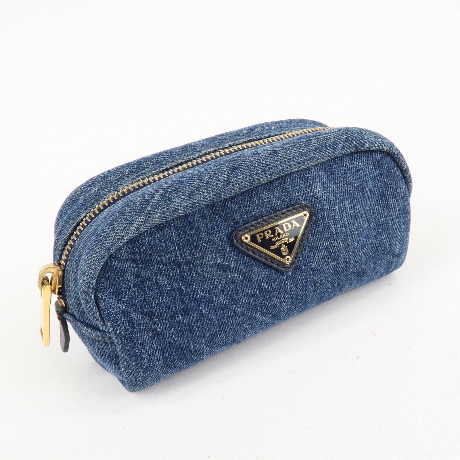 PRADA Logo Canvas Leather Pouch Cosmetic Pouch Blue 1NA175 Used