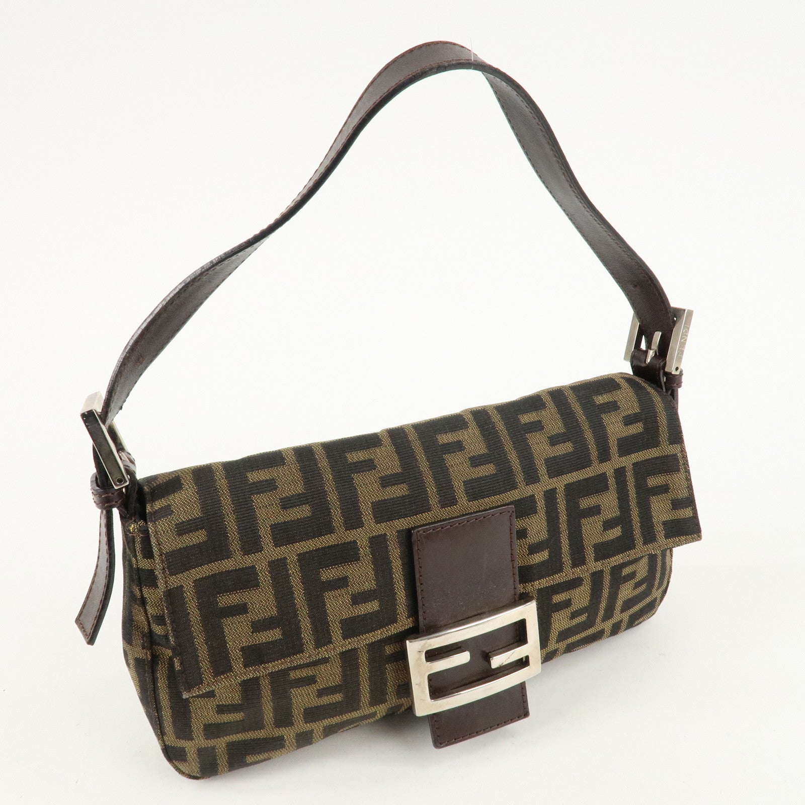 FENDI Zucca Mamma Buguette Canvas Shoulder Bag Brown Black 26424 Used