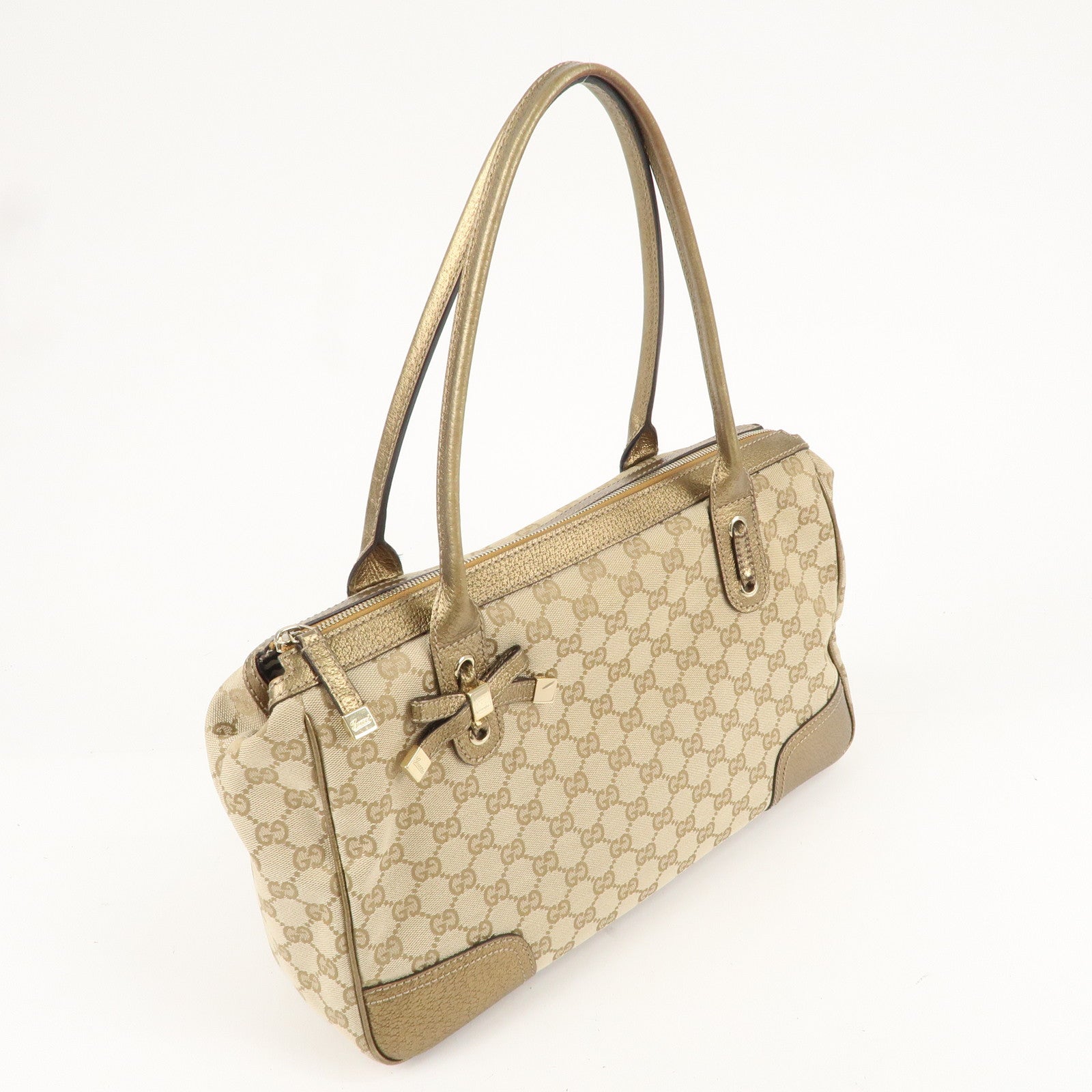 GUCCI Princy Sherry GG Canvas Leather Tote Bag Gold 177052