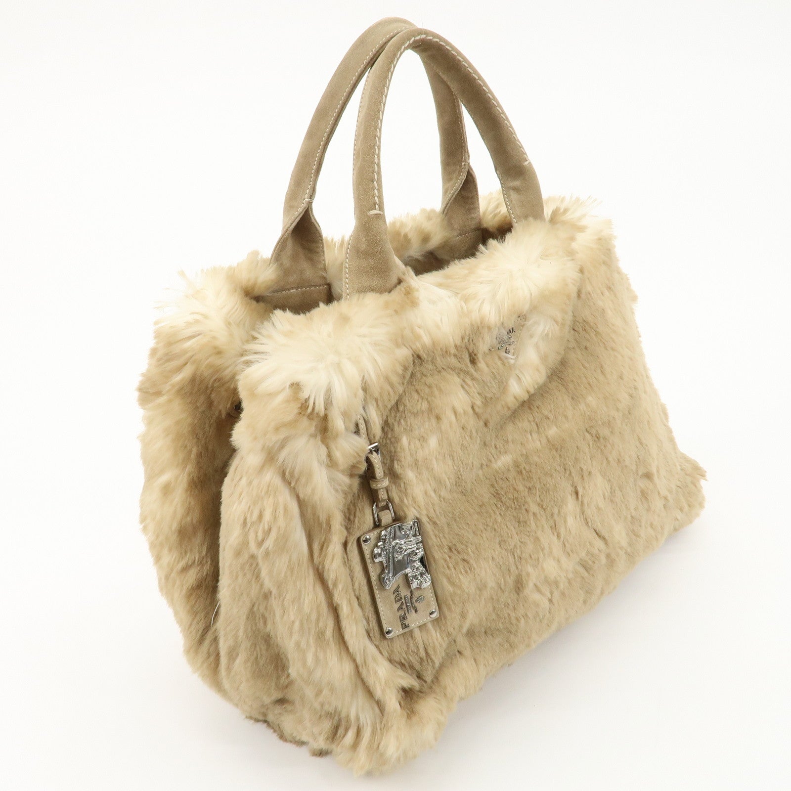 PRADA Eco Lapin Fur Suede Canapa Large Tote Bag Beige BN1918 Used