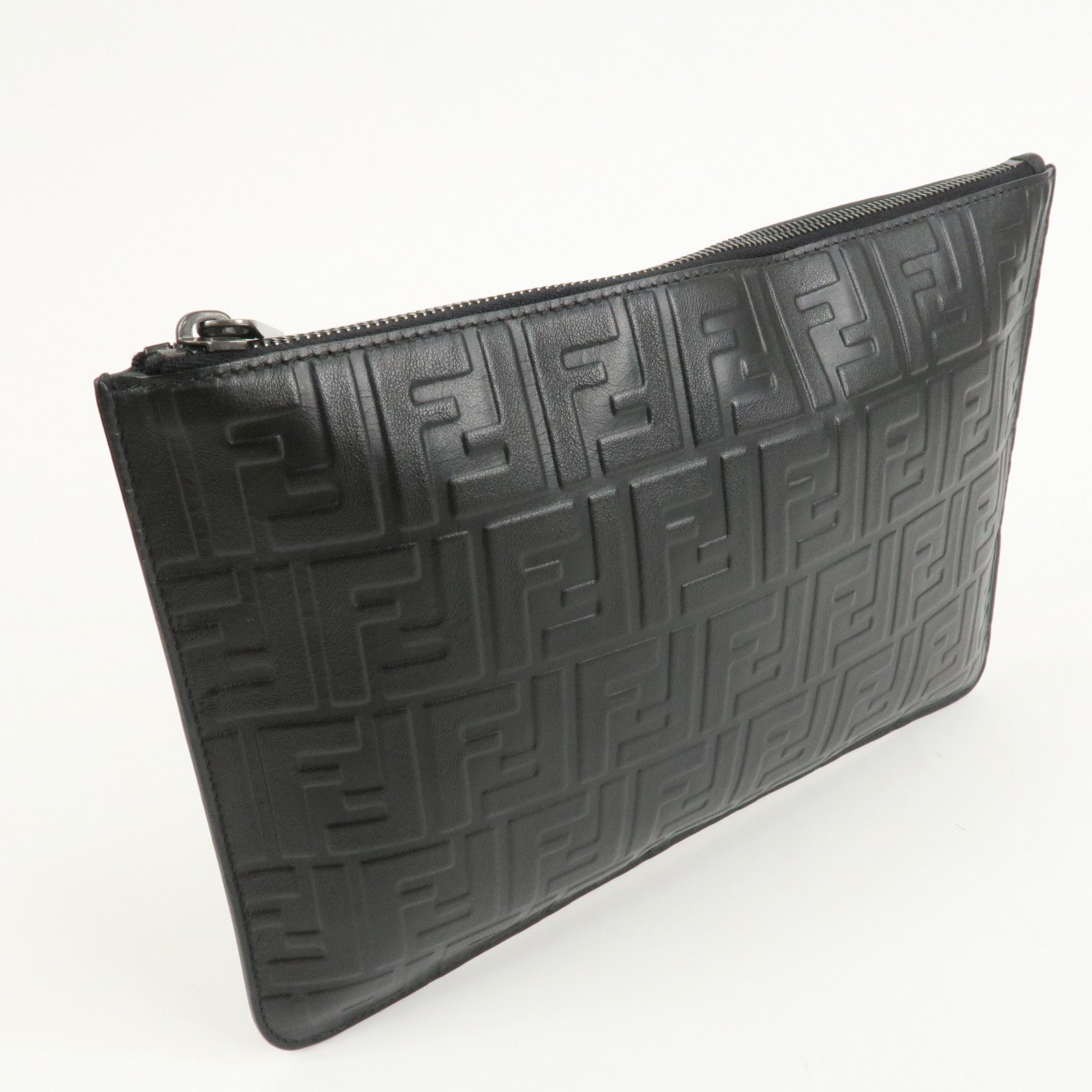 FENDI Zucca Leather Clutch Bag Hand Bag  Black 7N0078