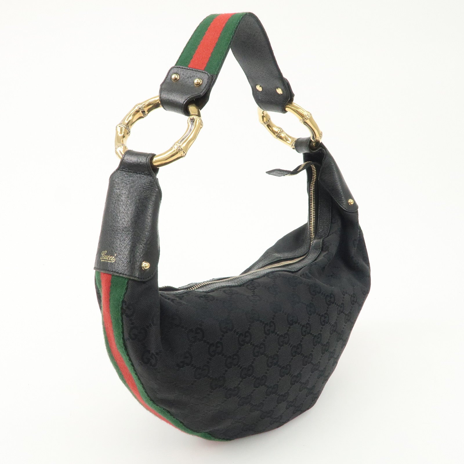 GUCCI Bamboo Sherry GG Canvas Leather Shoulder Bag Black 131036