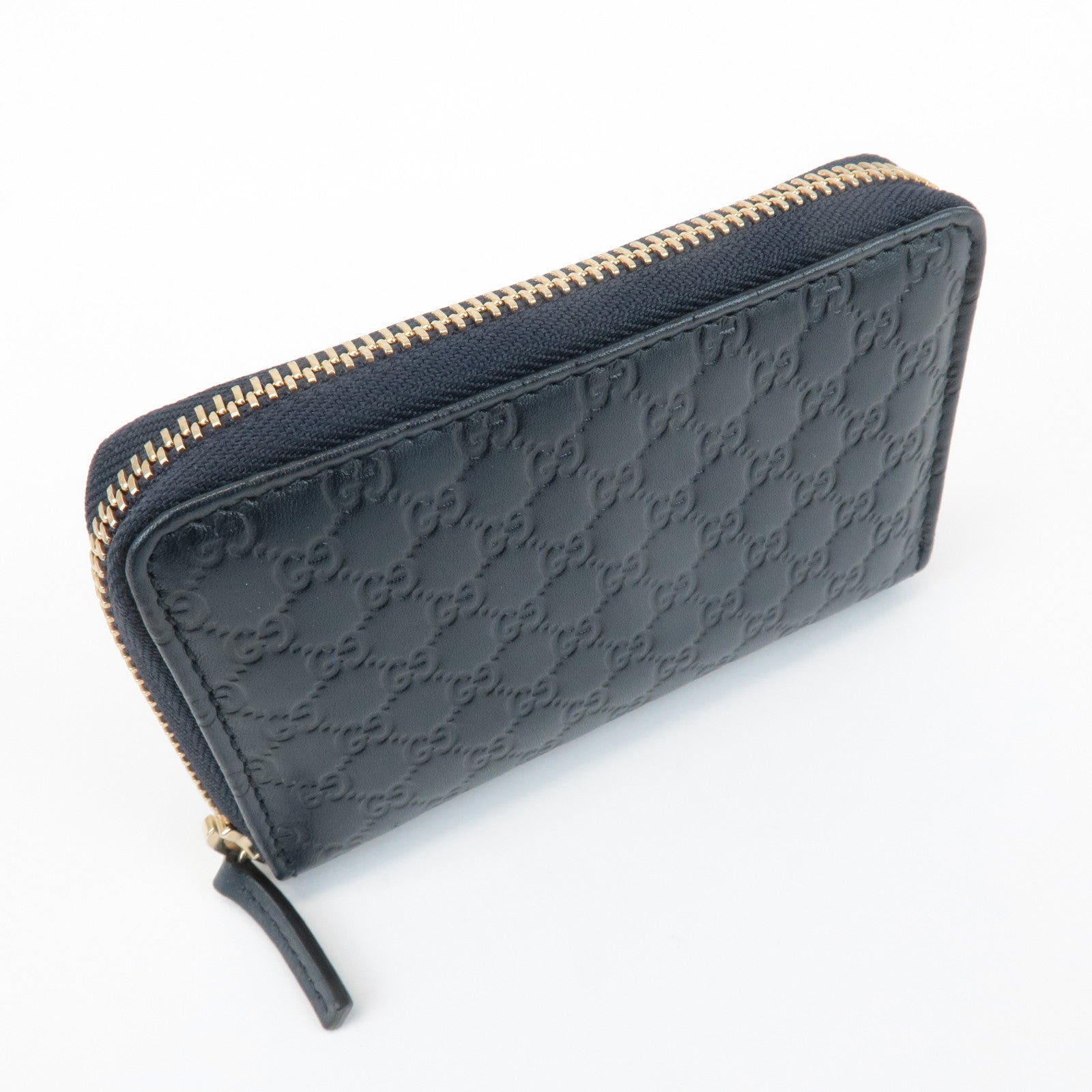 GUCCI Micro Guccissima Leather Zip Around Card Case Navy 255452 Used