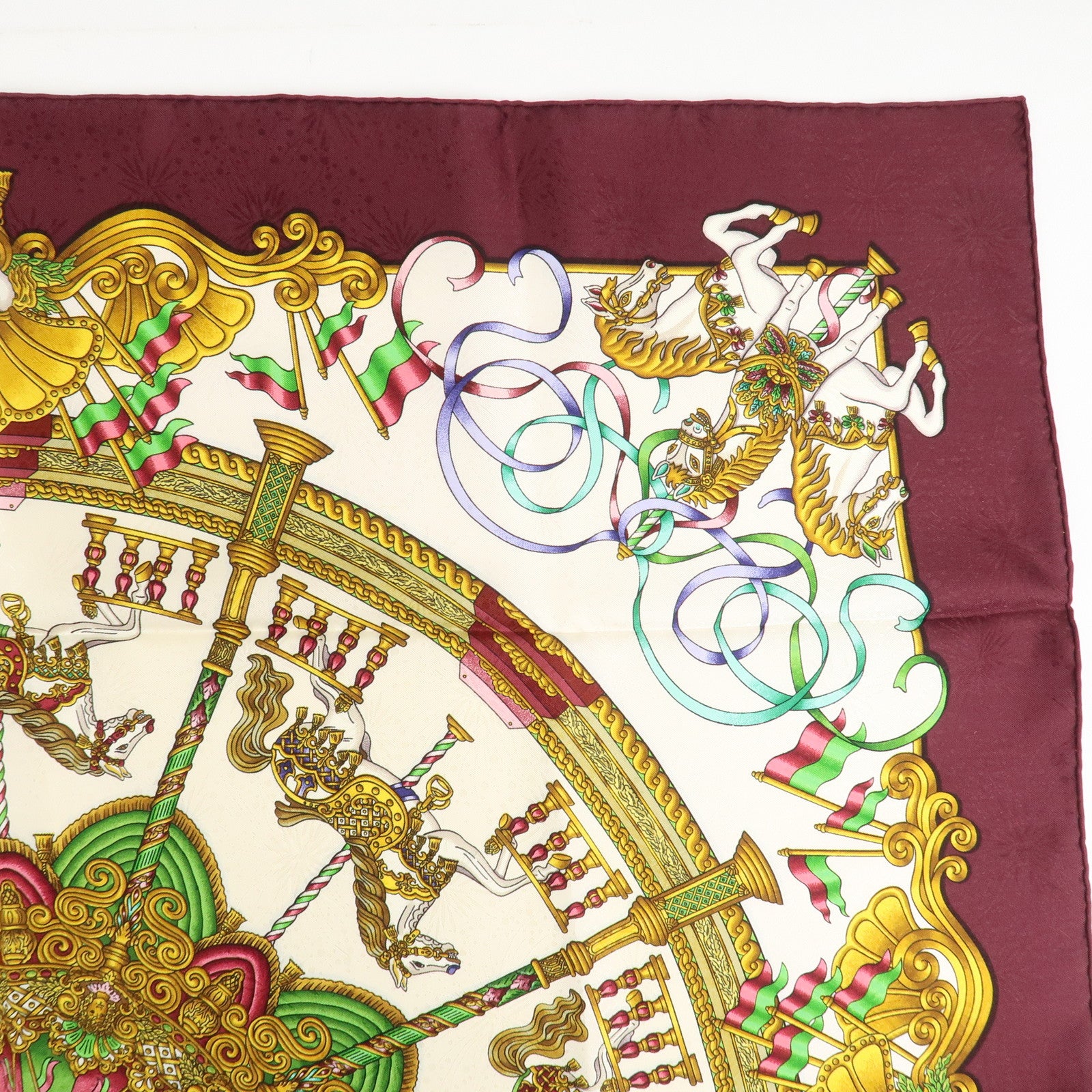 HERMES Carre 90 Silk 100% Scarf LUNA PARK Wine Red White Yellow