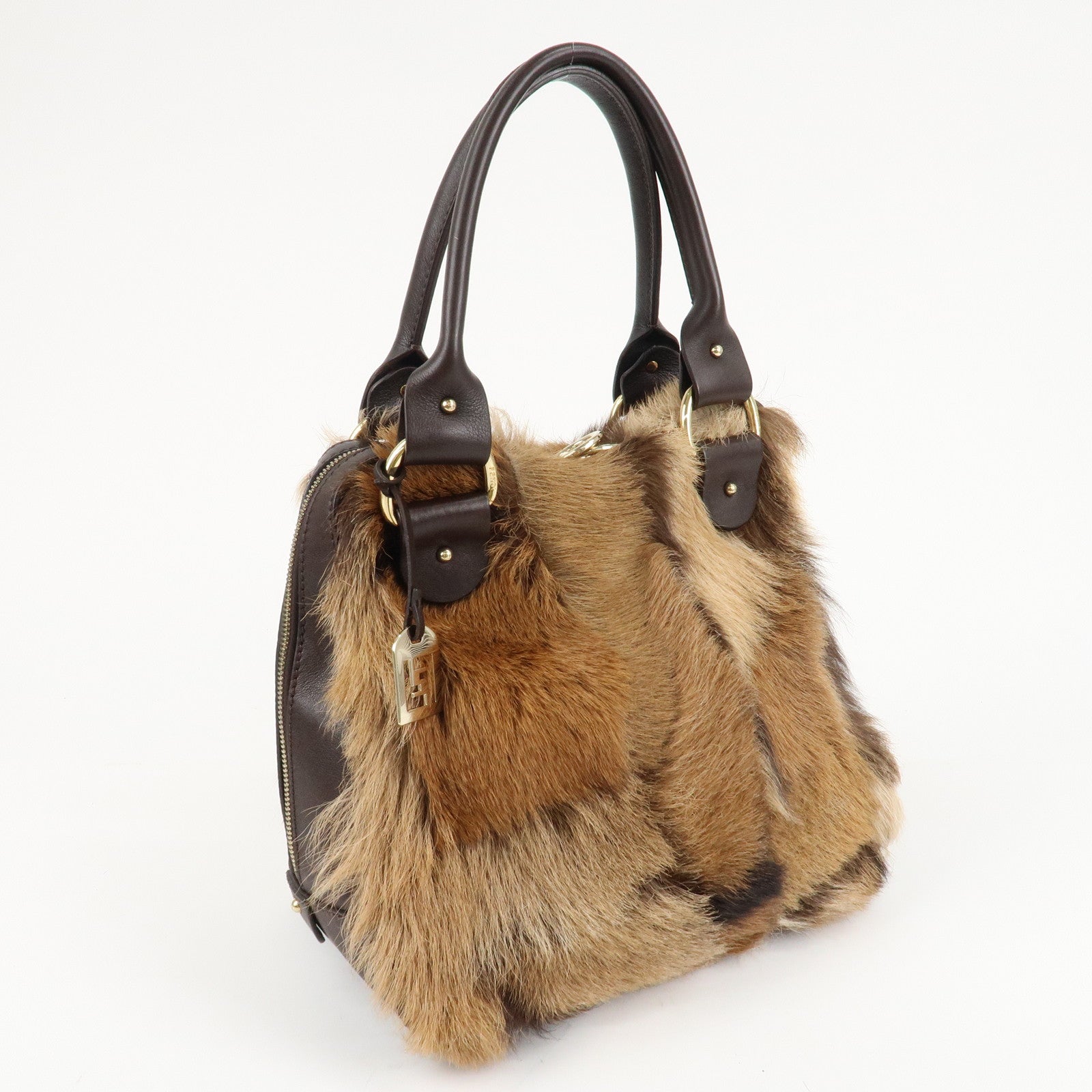 FENDI Fur Leather Tote Bag Hand Bag Shoulder Bag Brown 8BR286