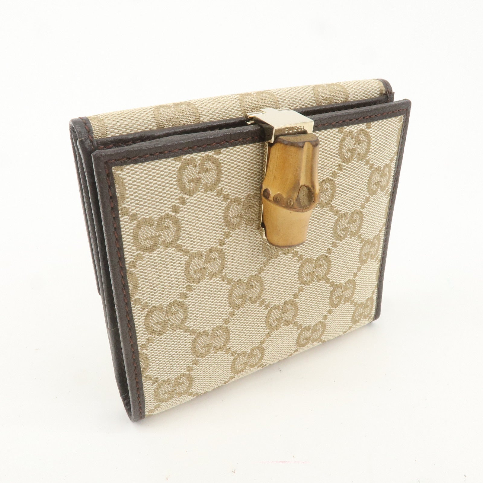 GUCCI Bamboo GG Canvas Leather Double Hook Bifold Wallet 335970