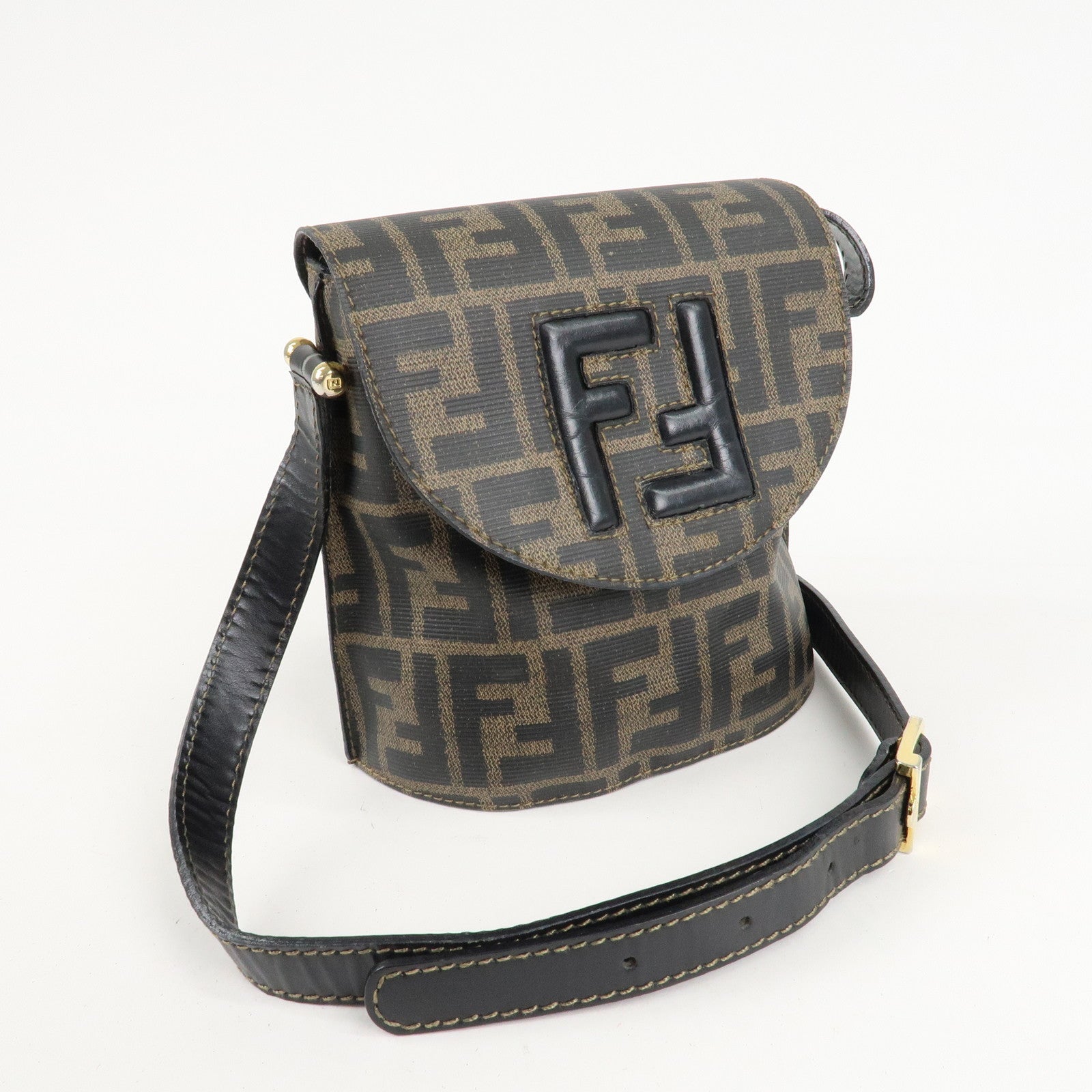 FENDI Zucca Logo Print PVC Leather Shoulder Bag Black Brown