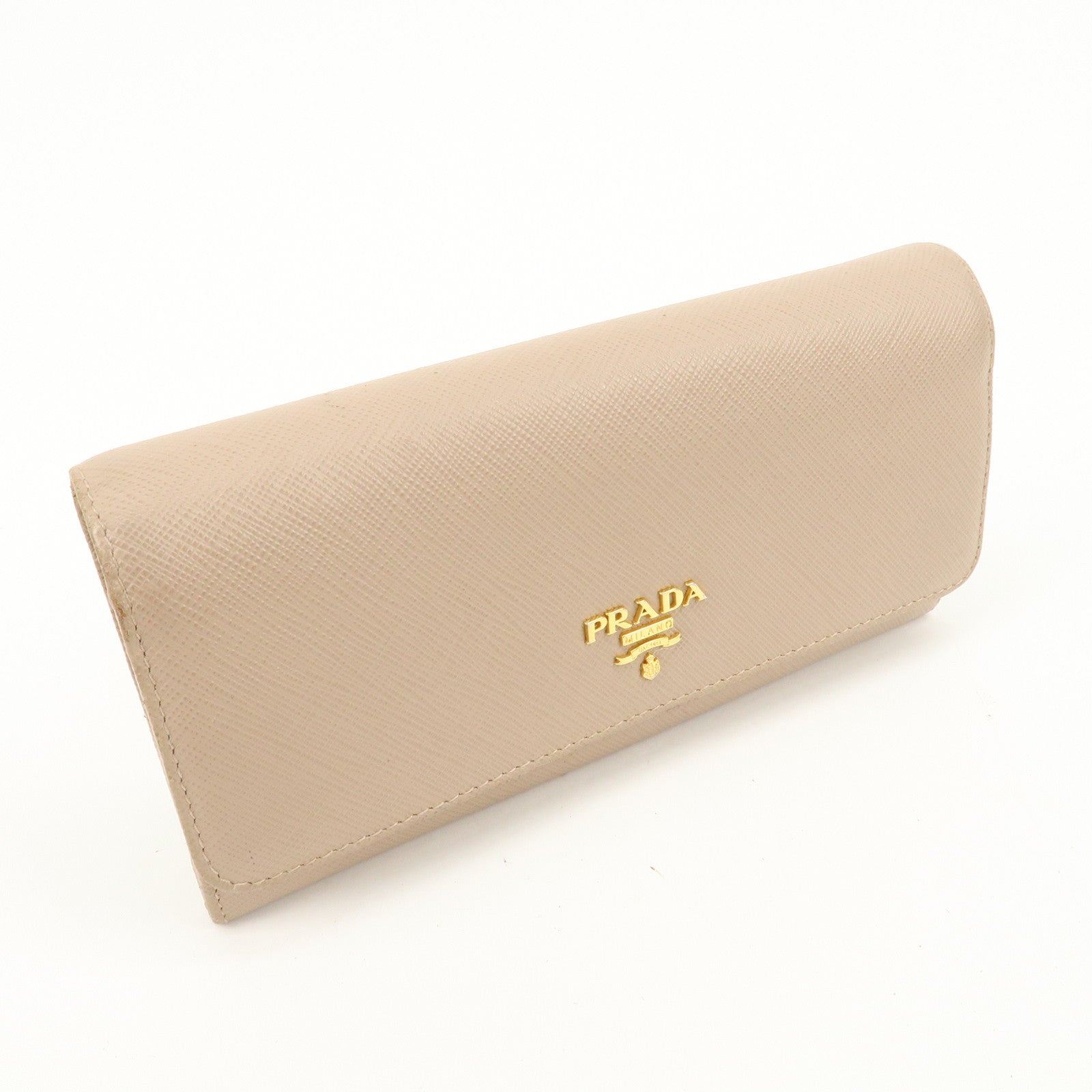 PRADA Logo Leather Bi-Fold Long Wallet Beige Pink Beige