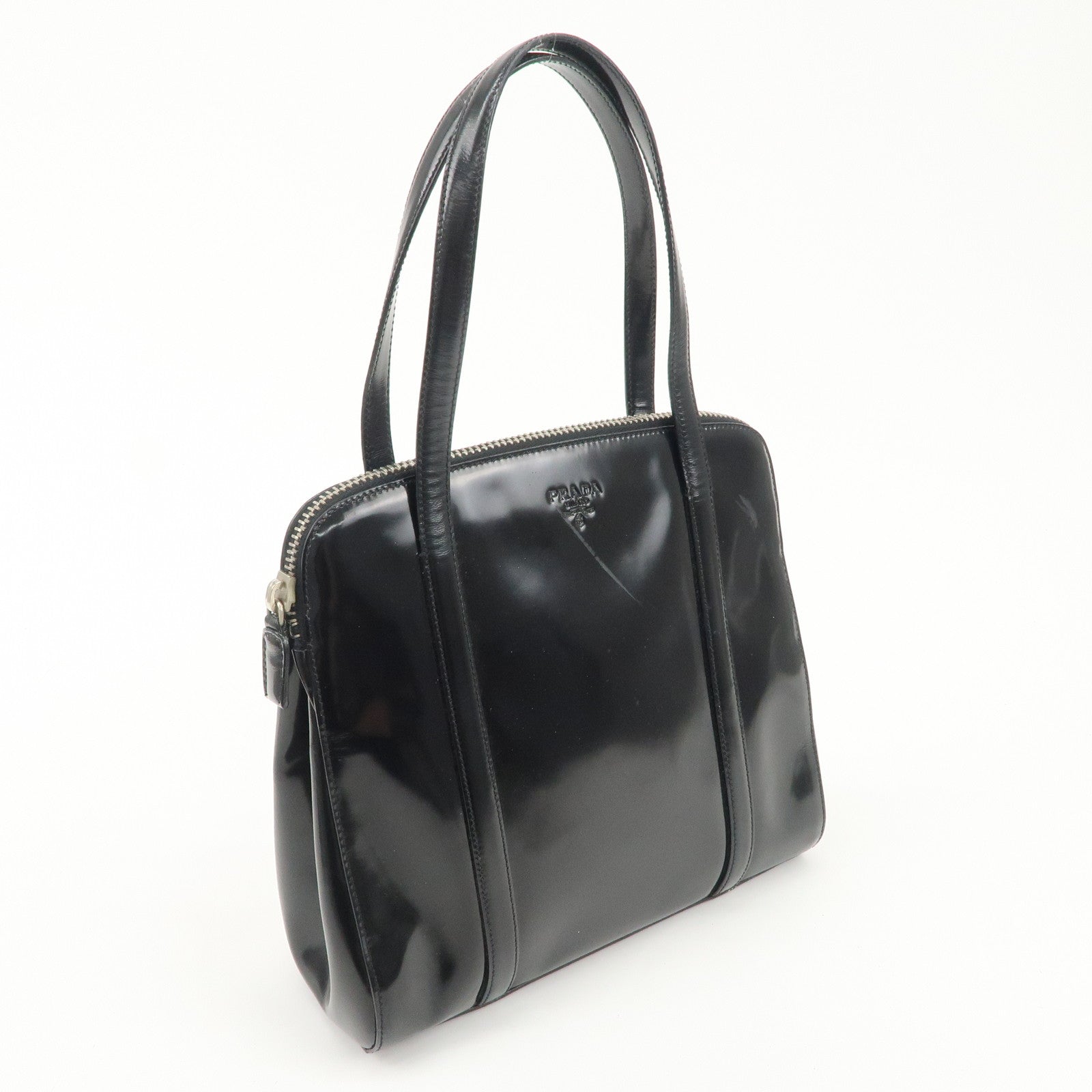 PRADA Patent Leather Tote Bag Hand Bag Black Silver HDW Used