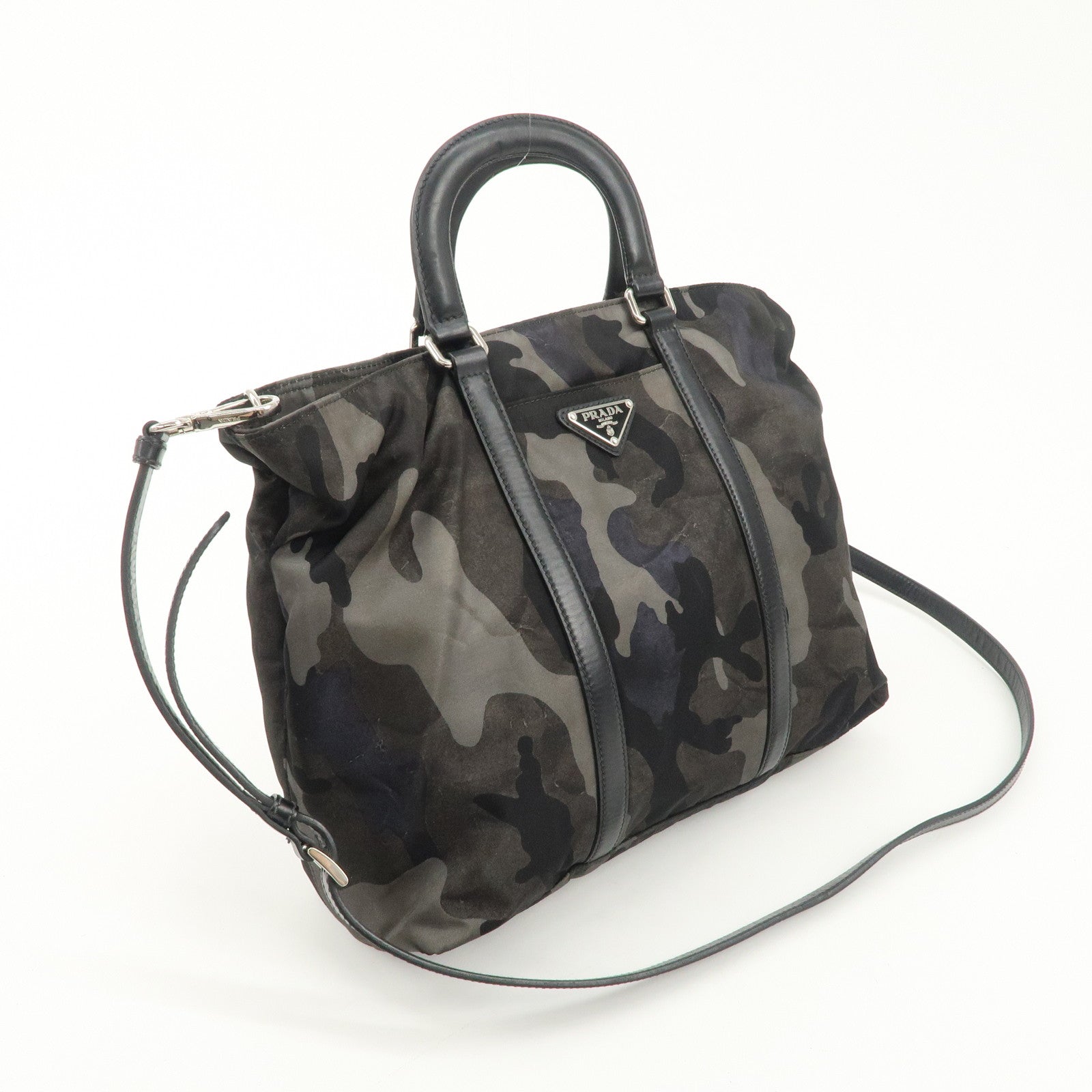 PRADA Nylon Leather 2Way Hand Bag Camouflage Khaki Black BN2791 Used