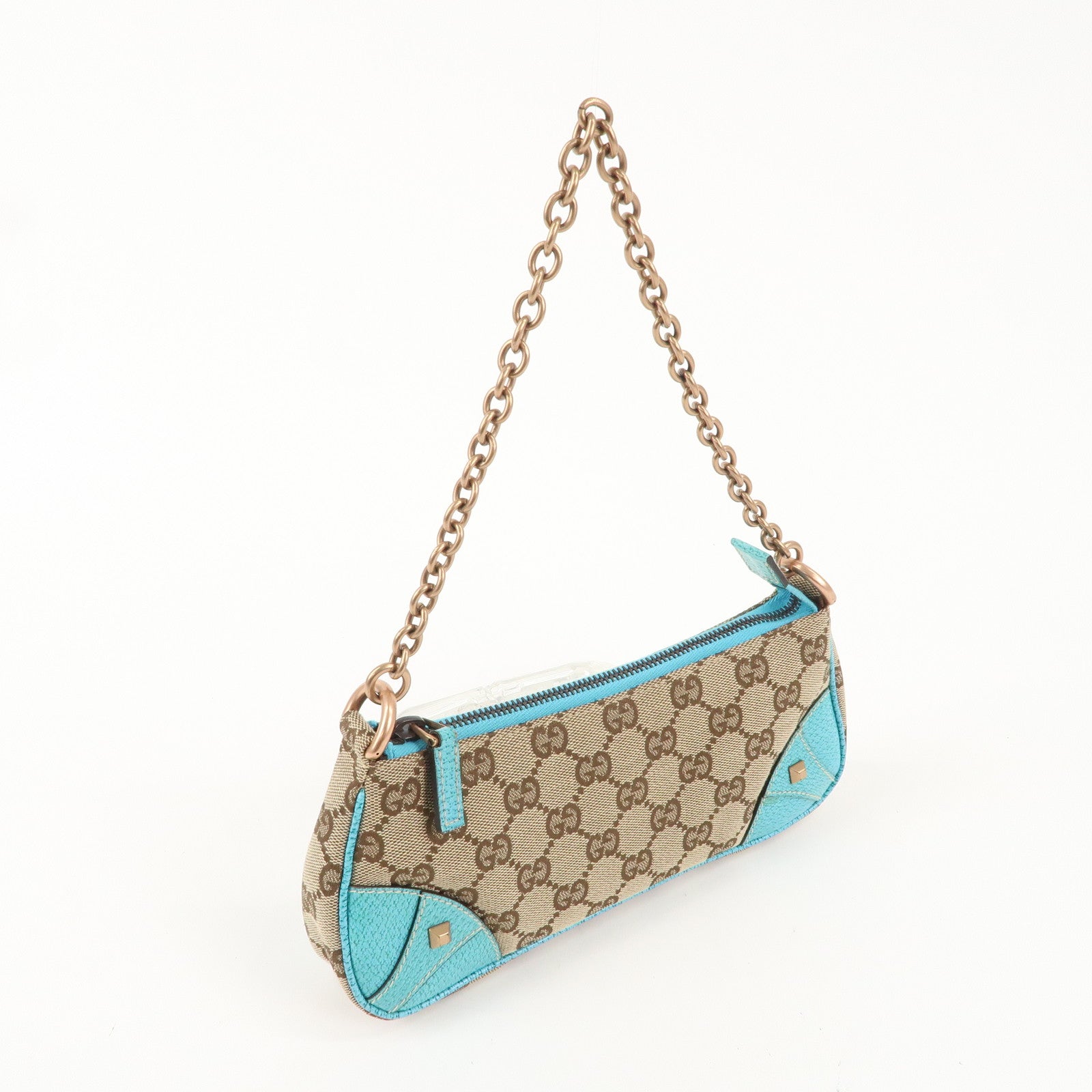 GUCCI GG Canvas Leather Chain Hand Bag Pouch Beige Blue 120940