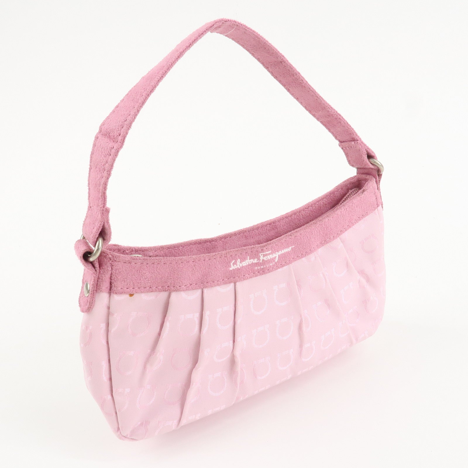 Ferragamo Gancini Canvas Suede Accessories Pouch HandBag Pink Used