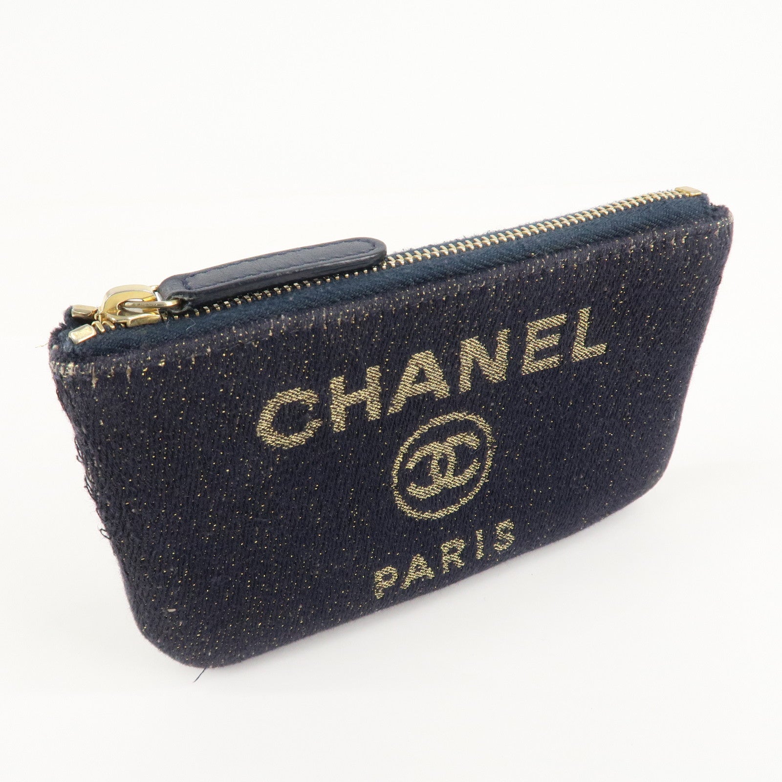 CHANEL Deauville Tweed Leather Pouch Coin Pouch Navy Gold Used